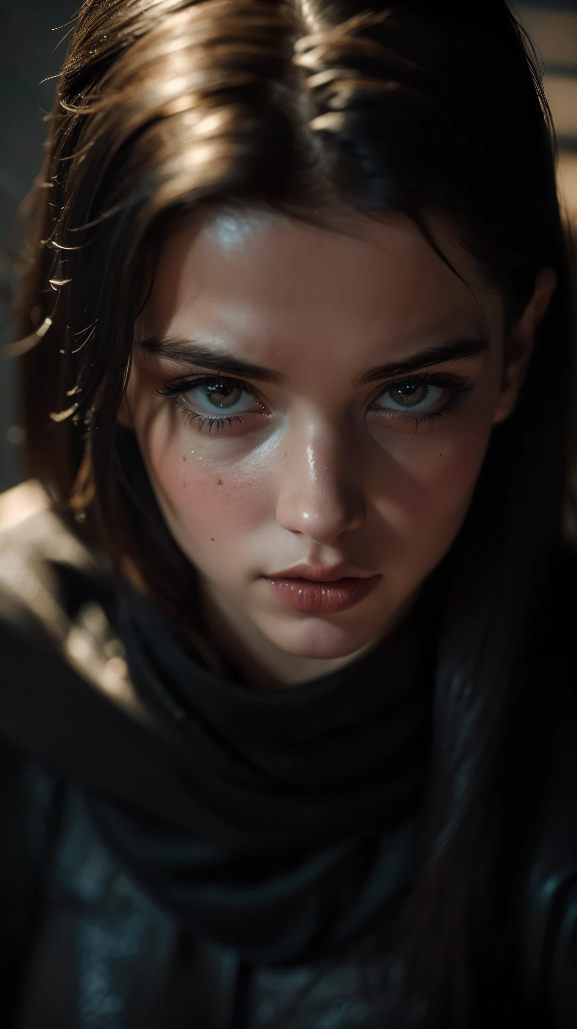 (((ultra realistic))) Photo, masterpiece, top quality, (pale skin), (Ultra detailed face and eyes:1.2), yellow eyes, 1 girl, naked, (Eye makeup, mascara) , (large detailed lips), ((Dark straight hair)), ((Chyolka)) , (Natural breasts). ((Posing)), photoshoot, studio (Contour lighting), (The play of light and shadows), depth of field, bokeh, (special attention to skin detail: 1.2), Detailed leather texture, skin pores. (Dark and gloomy atmosphere of the frame. color scheme - black, Gray, ash tones), ((Film grain, VHS effect)), ((rays)) , ((flare)), ((close to the camera, view from above)) , ultra detialed,