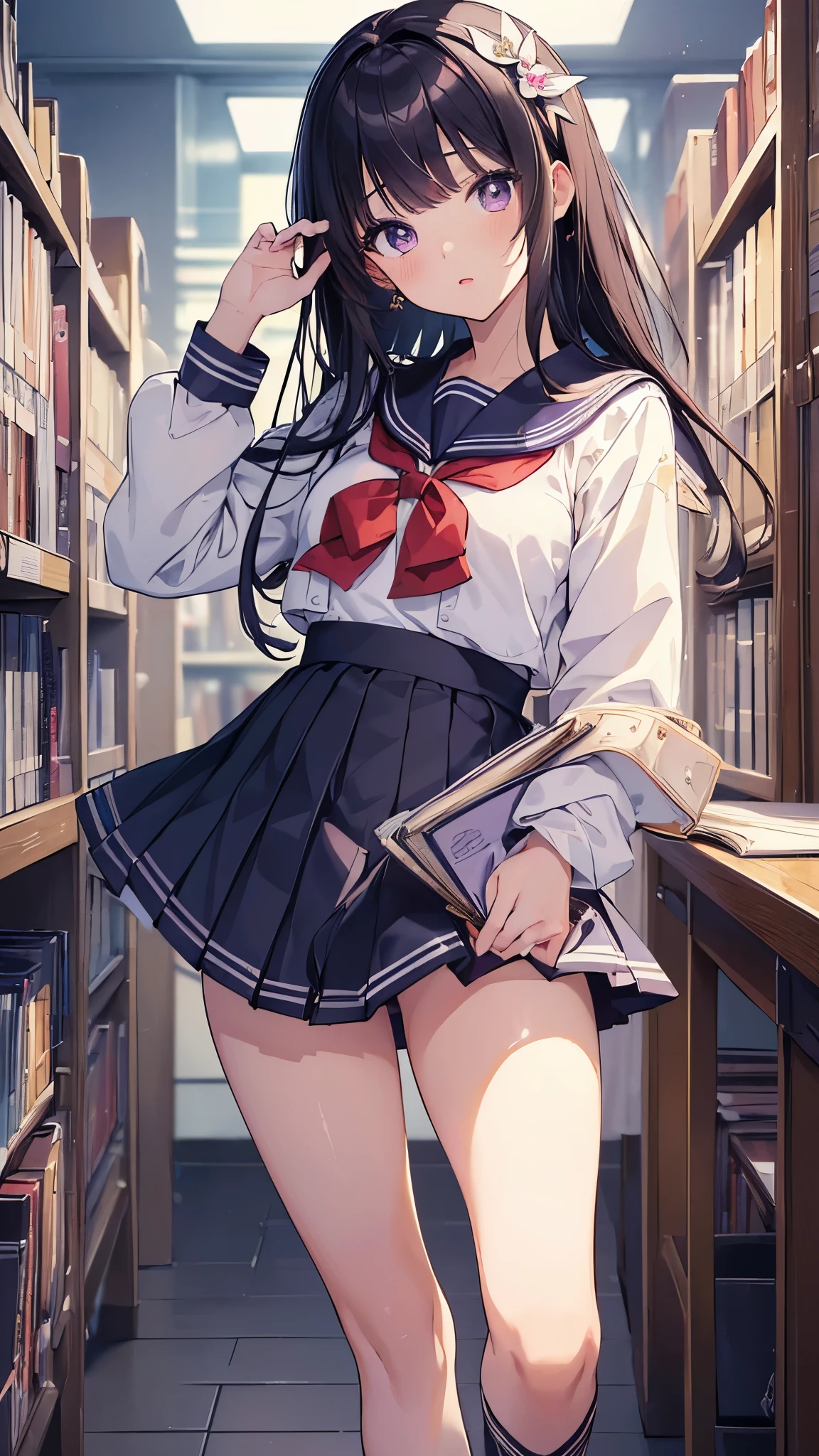 ((masterpiece,highest quality,Super detailed)),((serafuku,sailor suit,(high waist skirt))),purple eyes,black hair,library,pleated skirt,dress,((cute,anime)),open your mouth,Highly curious,eye for detail
