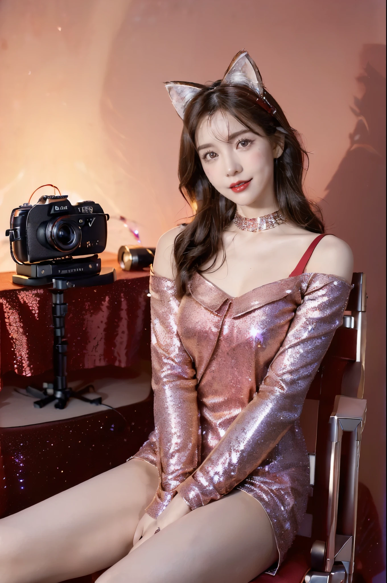 ((((8k))),((Extremely meticulous CG)) ,(wallpaper),16k,((Extremely refined and beautiful)),(((Masterpiece))),(((best qualtiy))),(((Ultra High Resolution))),beautiful light up,Perfect lightning,realistic shaded,[A high resolution],(Smooth and flawless fair skin:1.5),(pale skin:1.3),Extremely exquisite facial details,(perfect body:1.1),ultra-detailed,A beautiful girl,solo,small head,(cat ears:1.3),(shoulder length bob hair:1.1),(hair:1.1),(Wearing earphones:1.2),(detailed eyes:1.2),small face,Exquisite makeup,(blush:1.3),(red lips:1.3),(small breasts:1.1),flat chests,slim,thin,happy,(smile:1.3),(red sparkle shirt:1.5),(dog collar:1.2),(thick thighs:1.2),(slender legs:1.2),(high heels:1.2),(night scene:1.5),pornographic atmosphere,indoor,(In a bedroom:1.5),(Style of online live streaming room:1.2),(detailed background:1.5),(Live streaming equipments:1.2),(beside Camera bracket and microphone:1.5),(sitting on a chair:1.3),(upper body:1.3),(from front:1.3)