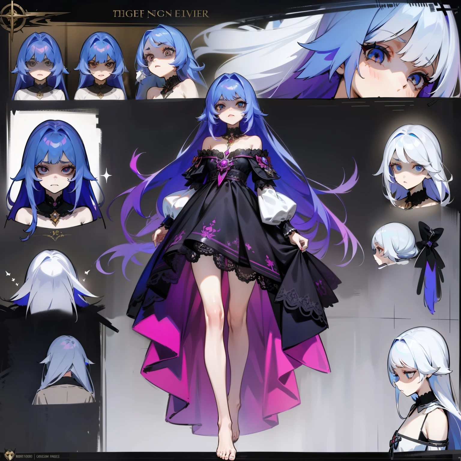 1girl, , long hair, super long hair, dress with lace, Lace, big black eyes, empty pupils without glare, empty look, many eyes, Eyeballs, Monster Girl, A toy in your hands, Plush toy, scary toy, bare feet, Tired look, scary, interesting concept, eyeballs everywhere, Twilight-inspired hair and eyes. Aura of mysterious grace and transcendence, Killer aura, Girl Killer , reference sheet (masterpiece:1.2), (best quality:1.3). (reference sheet:1.5)