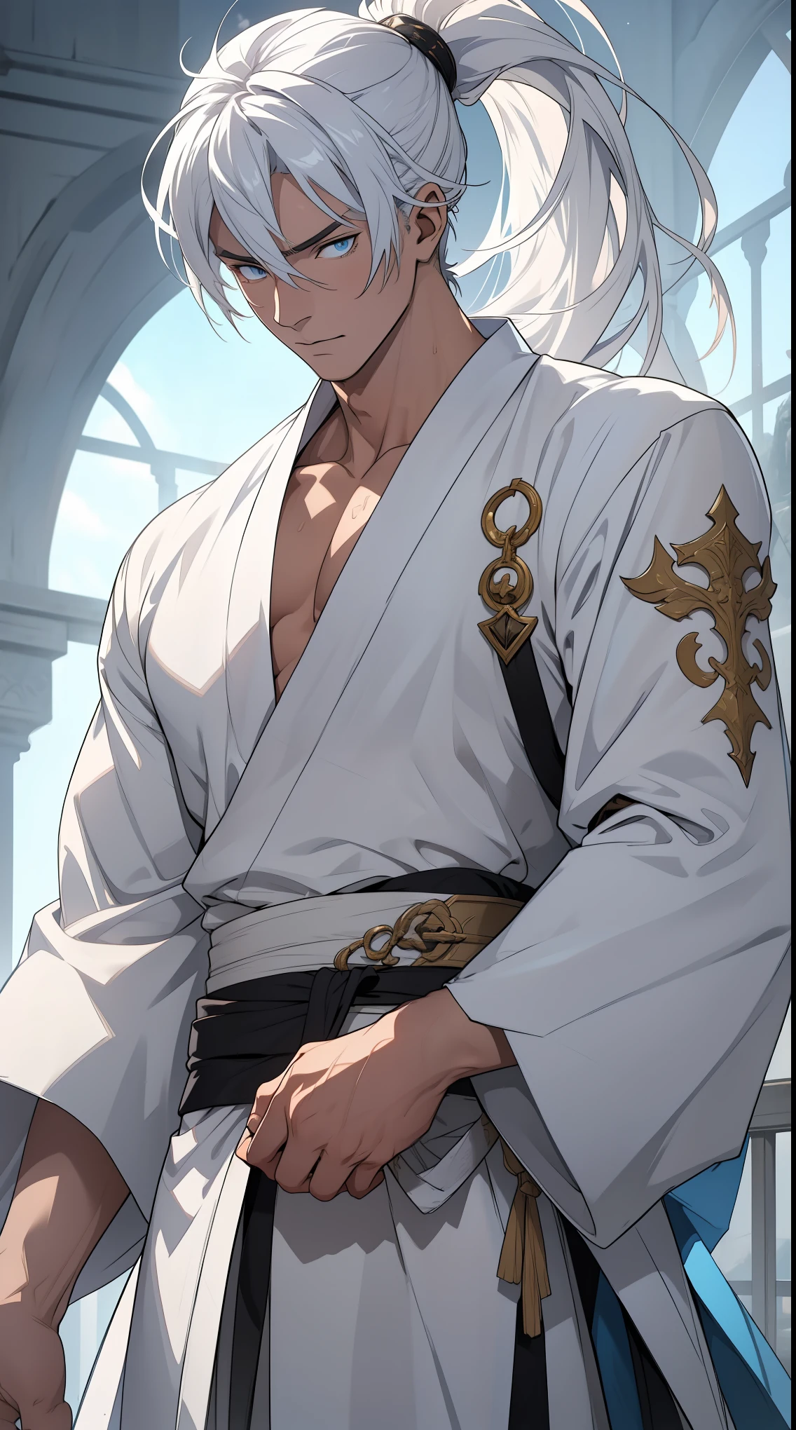 gacha ssr character,masutepiece、Best Quality、Solo Male、Sensual body、burly、muscular、thick eyebrow、eye glass、35-year-old man、White shorthair、All Back Hair、cropped hair、Magic Chanting、holly effect,Dark Fantasy、holy wizard、Wearing revealing robes with luxurious decorations、matured male、Exposed thighs、Muchimuchi、bulge in the crotch area、hyper pecs,