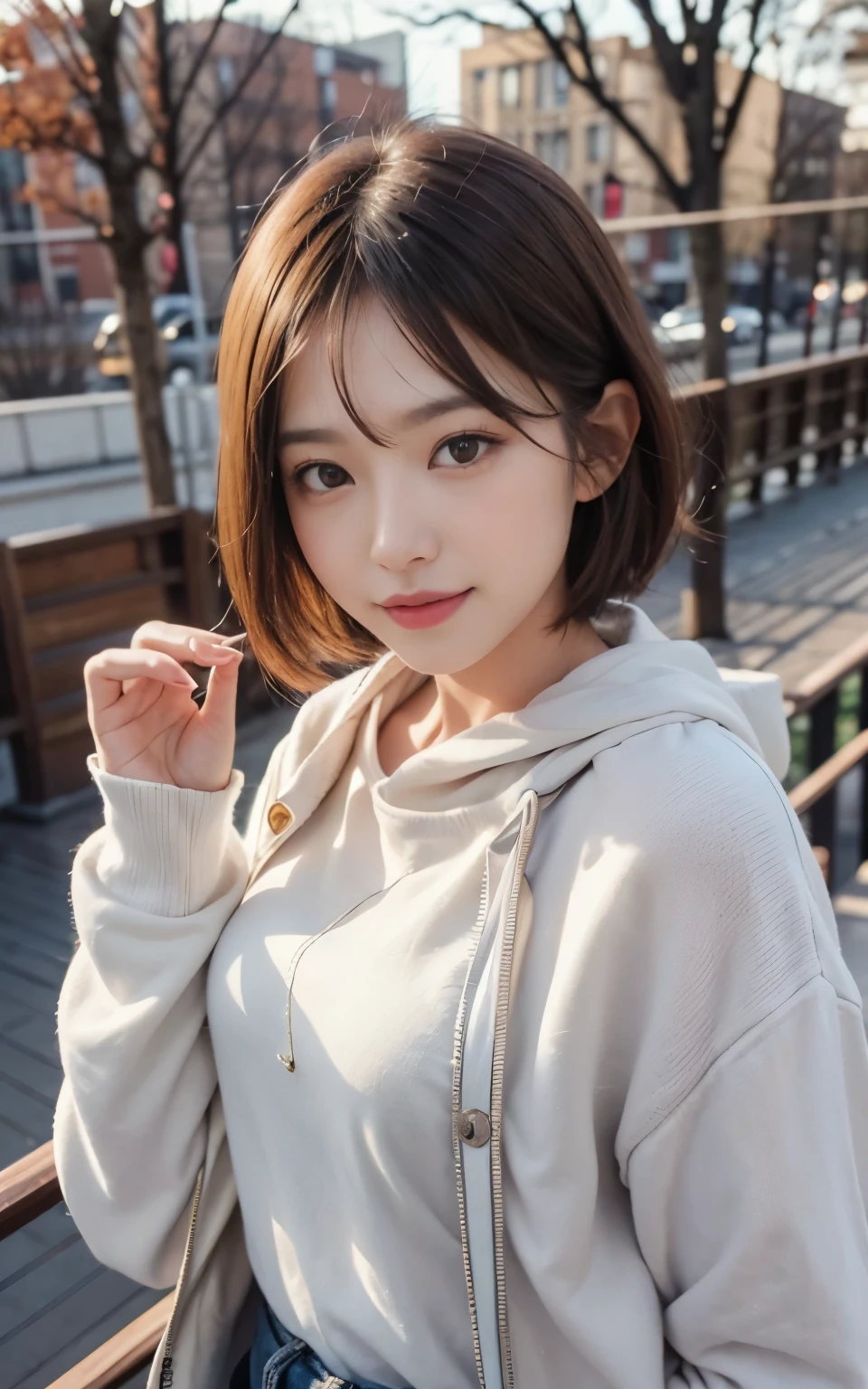 cute 21 year old japanese、School、University、During class、super detail face、pay attention to details、double eyelid、beautiful thin nose、sharp focus:1.2、Beautiful woman:1.4、(light brown hair,short hair、),pure white skin、highest quality、masterpiece、ultra high resolution、(Photoreal:1.4)、Highly detailed and professional lighting、nice smile、Show the whole body、cute colorful winter clothes、