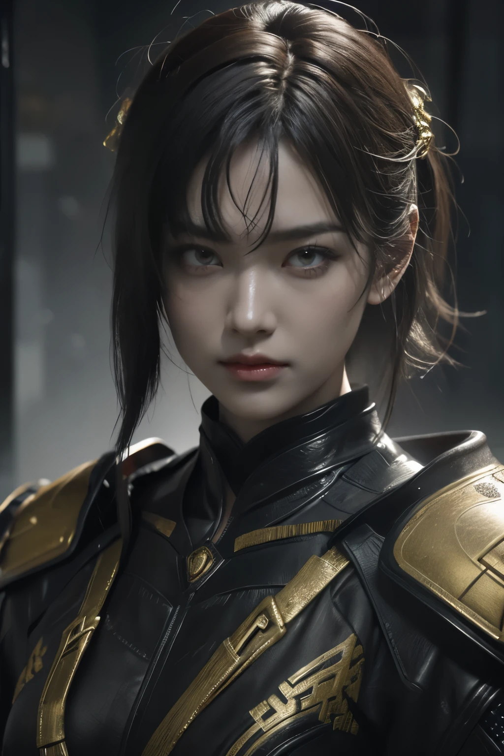 Game art，The best picture quality，Highest resolution，8K，(A bust photograph)，(Portrait)，(Head close-up:1.5)，(Rule of thirds)，Unreal Engine 5 rendering works， (The Girl of the Future)，(Female Warrior)， 22岁少女，(Female hackers)，(White，Ancient Oriental hairstyle)，((The pupils of the red eyes:1.3))，(A beautiful eye full of detail)，(Big breasts)，(Eye shadow)，优雅迷人，冷漠，((Anger))，(Cyberpunk jacket full of futuristic look，Joint Armor，There are exquisite Chinese patterns on the clothes，A flash of jewellery)，赛博朋克人物，未来风格， 拍照姿势，城市背景，Movie lights，Ray tracing，Game CG，((3D Unreal Engine))，oc渲染反射纹