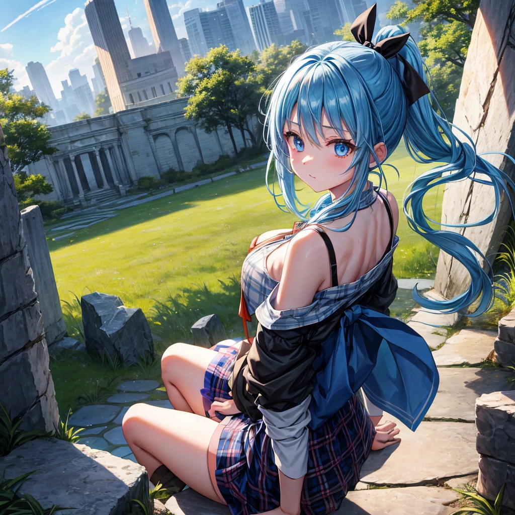 blue hair、blue eyes、Braid、ponytail、one good looking girl、solo、anime、Plaid miniskirt、camisole、black t-shirt、Tilting your face、Doing the ribbon、Ribbon at waist、sunset sky、broken stone steps、ruins、tunnel、Fallen leaves、Light and shadow、Raising legs、column、sparks fall、forest、tall grass grows、cloak、the ground is cracked、Shortness of breath、Meteor、sitting on a stone