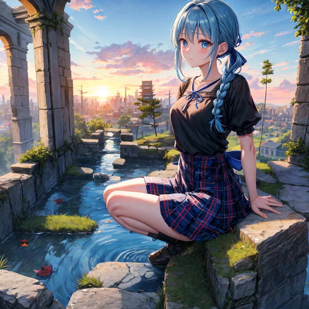 blue hair、blue eyes、Braid、ponytail、one good looking girl、solo、anime、Plaid miniskirt、camisole、black t-shirt、Tilting your face、Doing the ribbon、Ribbon at waist、sunset sky、broken stone steps、ruins、tunnel、Fallen leaves、Light and shadow、Raising legs、column、sparks fall、forest、tall grass grows、cloak、the ground is cracked、Shortness of breath、Meteor、sitting on a stone