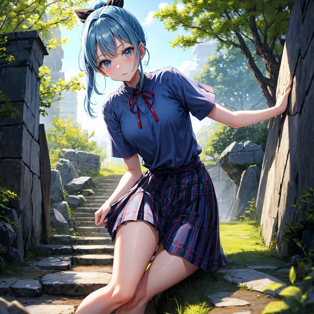 blue hair、blue eyes、Braid、ponytail、one good looking girl、solo、anime、Plaid miniskirt、camisole、black t-shirt、Tilting your face、Doing the ribbon、Ribbon at waist、sunset sky、broken stone steps、ruins、tunnel、Fallen leaves、Light and shadow、Raising legs、column、sparks fall、forest、tall grass grows、cloak、the ground is cracked、Shortness of breath、Meteor、sitting on a stone