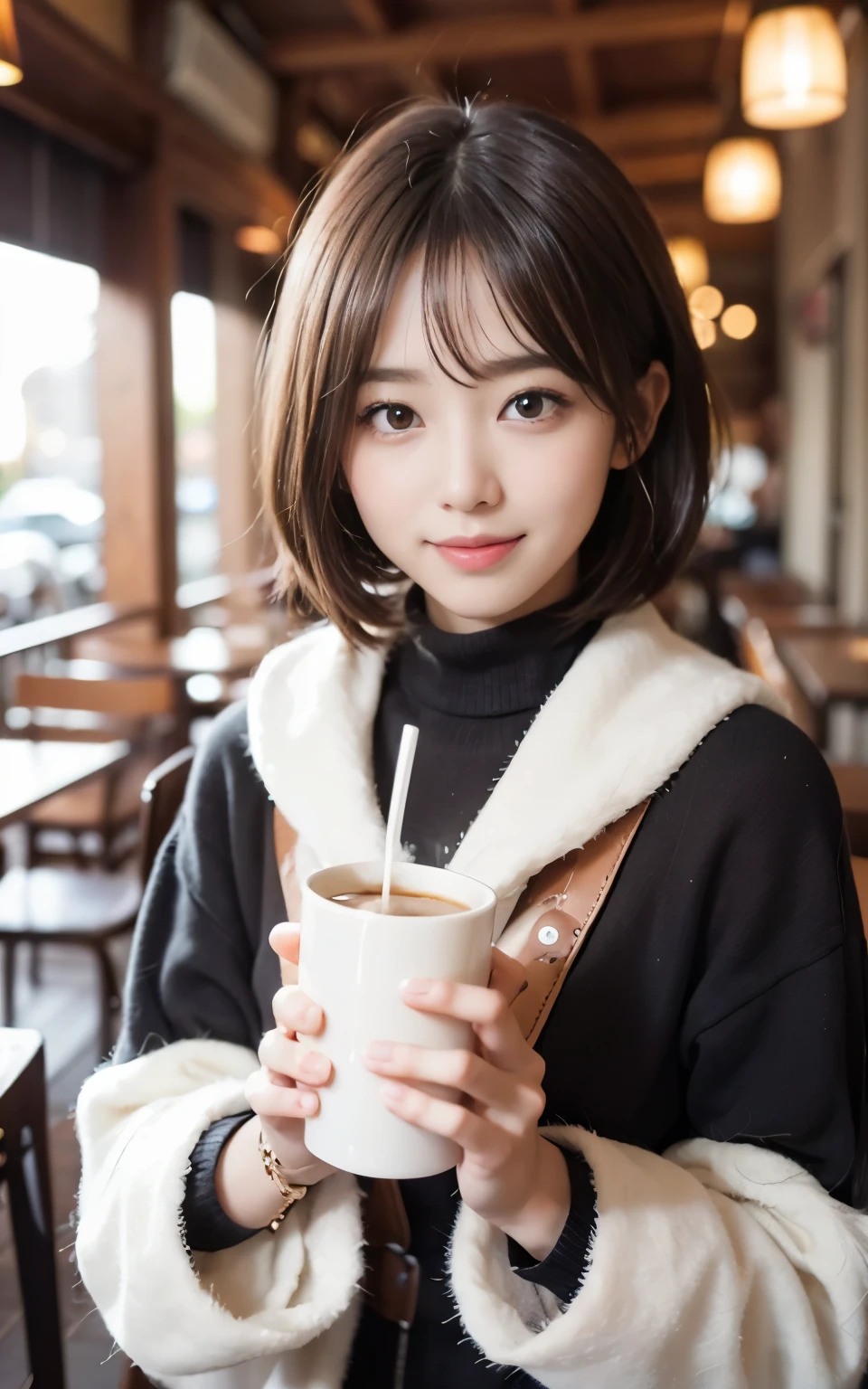 Cute Japanese 21 years old、Drink coffee in a café、Nice café、Her face is very thin、Attention to detail、double eyelid、Beautiful thin nose、sharp focus:1.2、beautiful woman:1.4、(light brown hair、short hair、) 、pure white skin、highest quality、masterpiece、ultra high resolution、(Photoreal:1.4)、High-definition, professional lighting、nice smile、Show the whole body、Cute winter clothes、