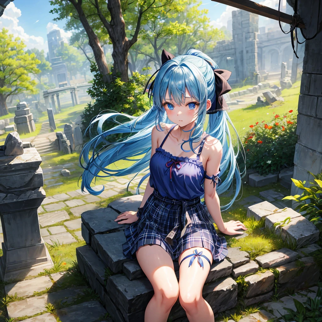 blue hair、blue eyes、Braid、ponytail、one good looking girl、solo、anime、Plaid miniskirt、camisole、black t-shirt、Tilting your face、Doing the ribbon、Ribbon at waist、sunset sky、broken stone steps、ruins、tunnel、Fallen leaves、Light and shadow、Raising legs、column、sparks fall、forest、tall grass grows、cloak、the ground is cracked、Shortness of breath、Meteor、sitting on a stone