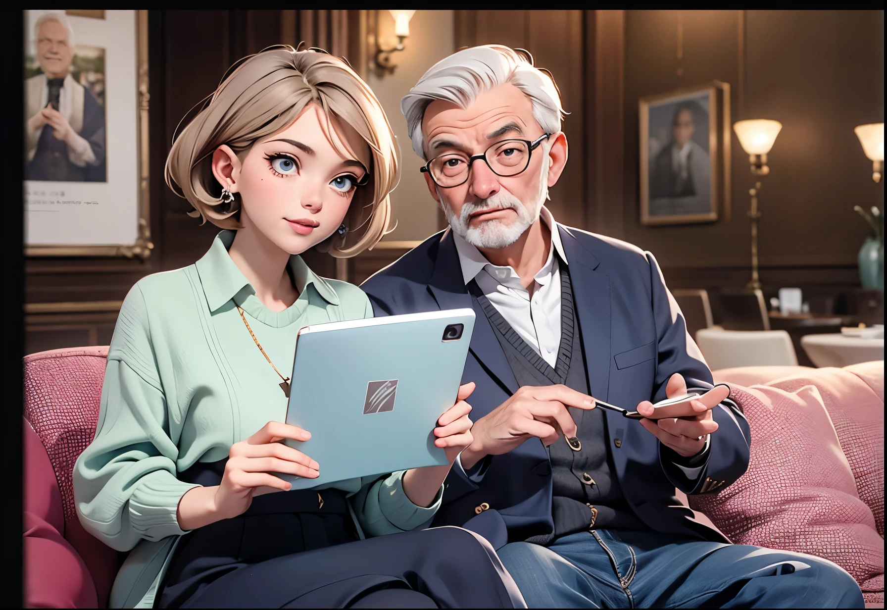 un couple de séniors, deux vieux, un papy et une mamie, ils sont assis sur un canapé et regardent ensemble un ordinateur portable, Image de haute qualité, avec un ordinateur portable sur ses genoux, Deux personnes âgées, capture d'écran de haute qualité, prise en 2022, très haute résolution, super haute résolution, un cadre magnifique, très intense, technologie avancée, où un grand, Âgé, précis et détaillé, beau, détail exceptionnel, tendance ,