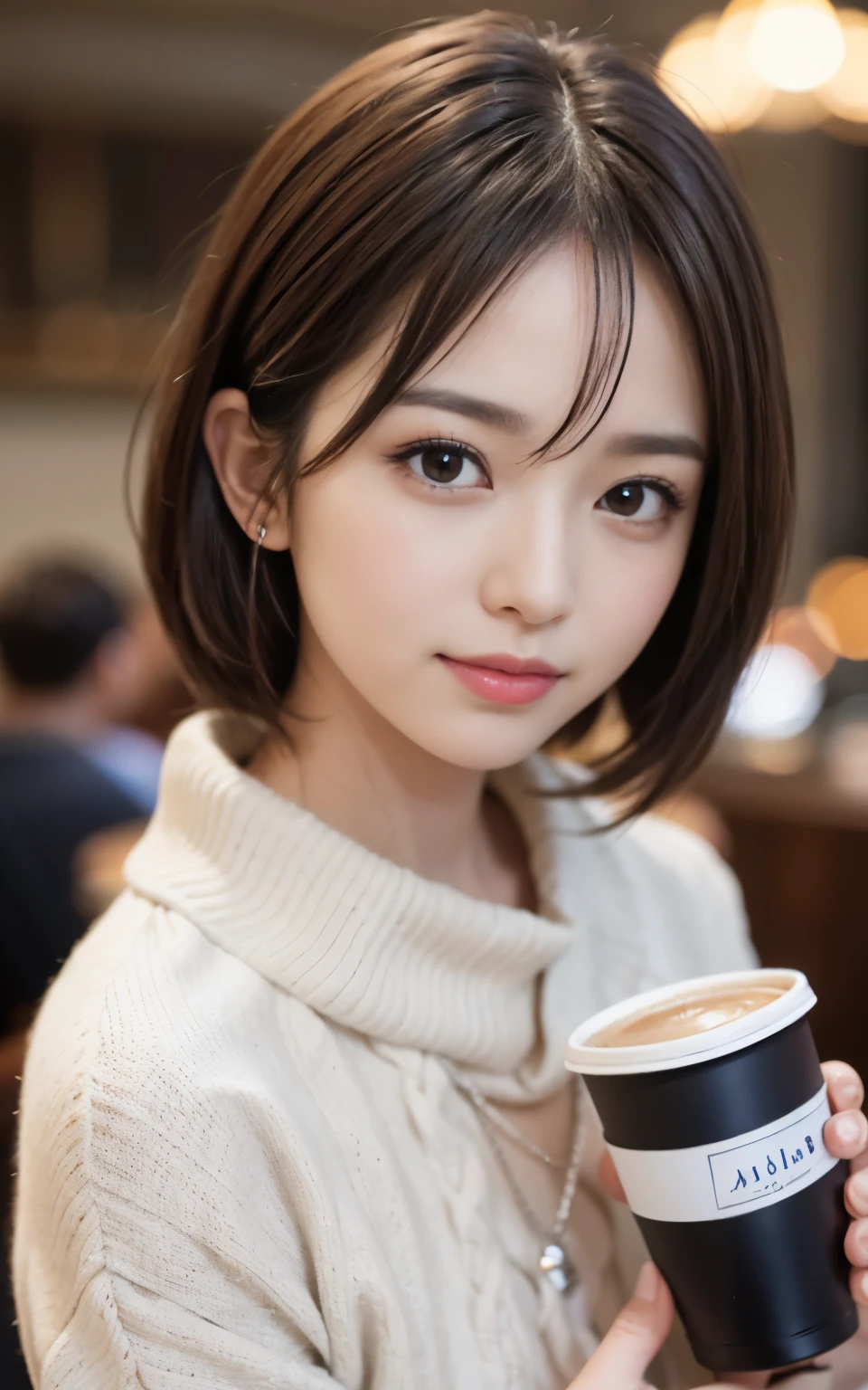 (realistic、High resolution:1.3)、One girl with perfect figure、Very thin face and eyes、short hair、short sleeve、knit:1 pc 2 daughter pcs in random colors、Cafe、Holding coffee in hand、スターバックスCafe、huge exposed cleavage、Japanese、