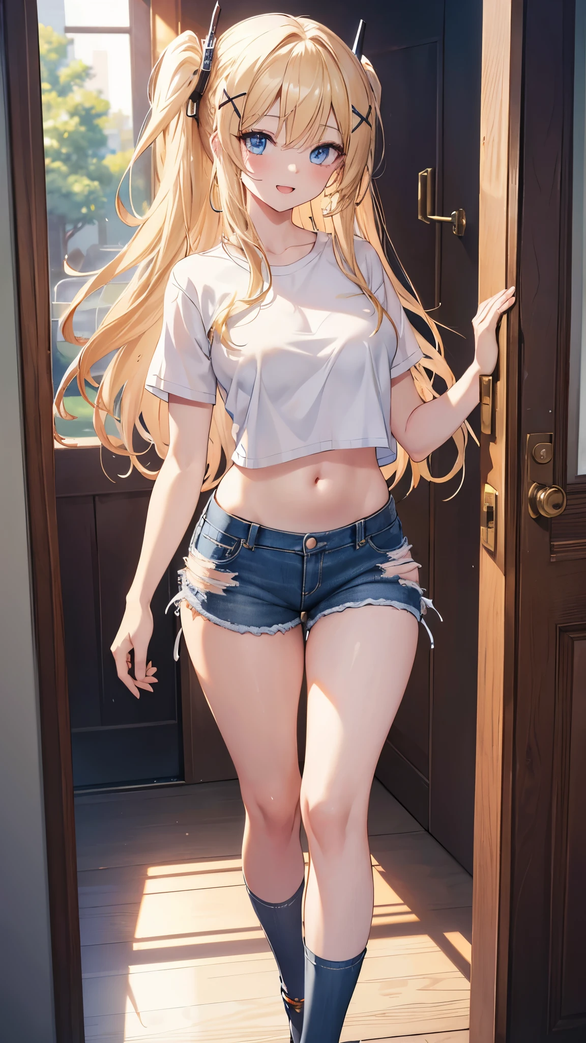 highest quality,super detailed,High resolution,Very detailed CG,anime picture,unity 8k wallpaper,
blonde,blue eyes,long hair,ripped shorts,white shirt,wallet,belly button,looking at the viewer,hair ornaments,smile,POV Doorway,open your mouth,denim,x hair ornaments,cyber punk,