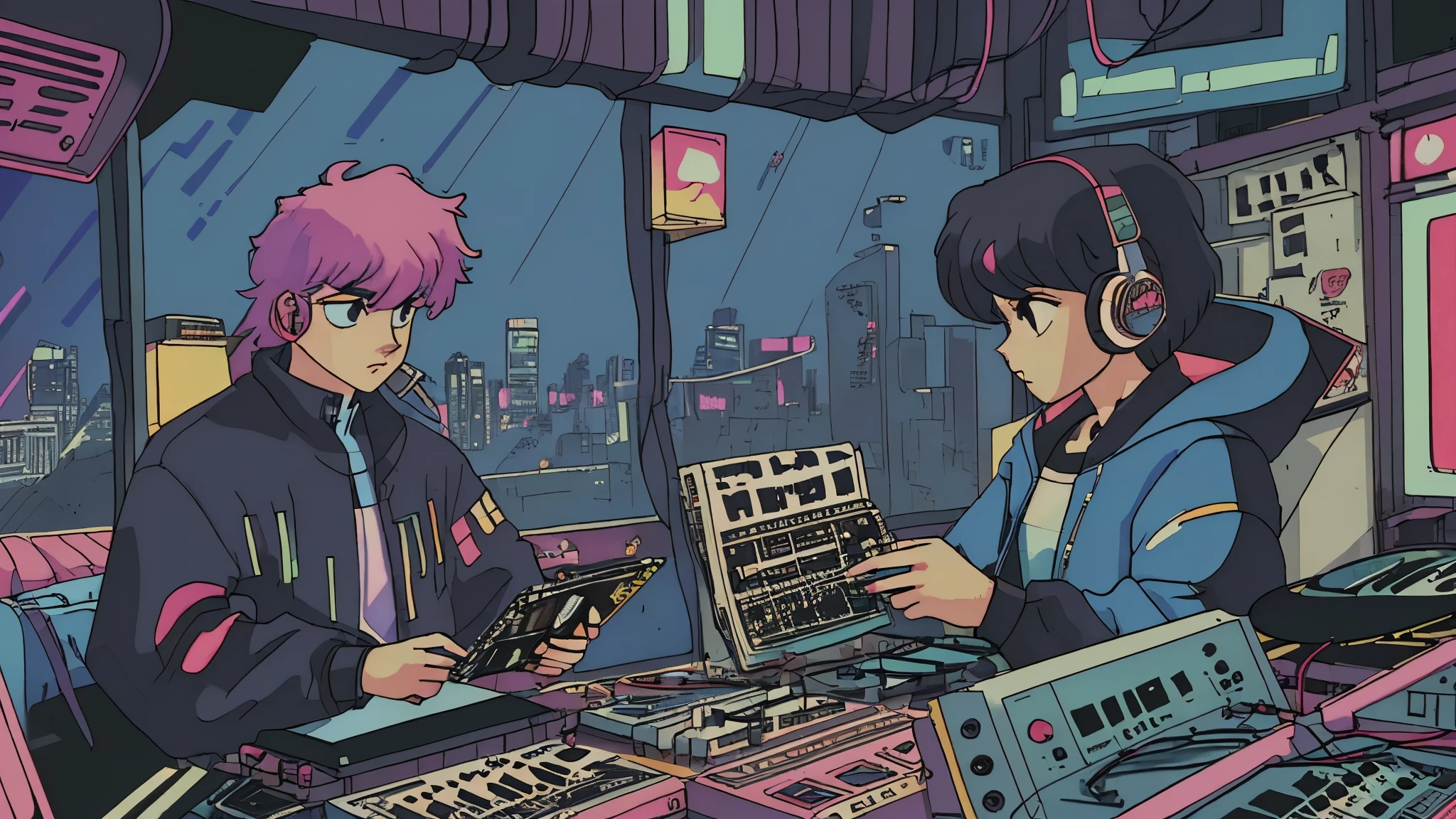 Shot of a man listening to music with headphone, text Why You, super detail, retro wave, cyberpunk, sad vibe, night light through the window, night vibes, a room, 2D, (longshot), wideshot, (film noise), old cartoon, (lots of records:1.3), vinyl record shop, (masterpiece, highest quality, highest quality, official art, beautiful and aesthetic: 1.2), (very detailed, (fractal art: 1.4), guitar, (notes: 1.4), ( lo-fi hip-hop), side view, old anime texture, solo, loudspeaker, cyberpunk, vinyl, night