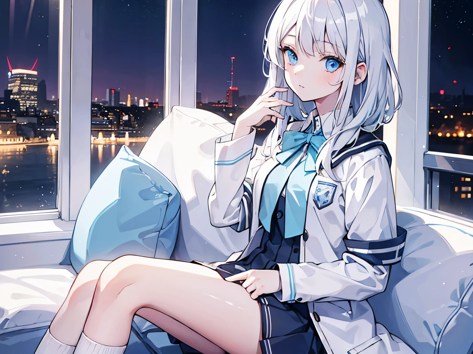 A young girl, White hair, light blue eyes, high school uniform, 1 person, soft smile, solo, on city, night