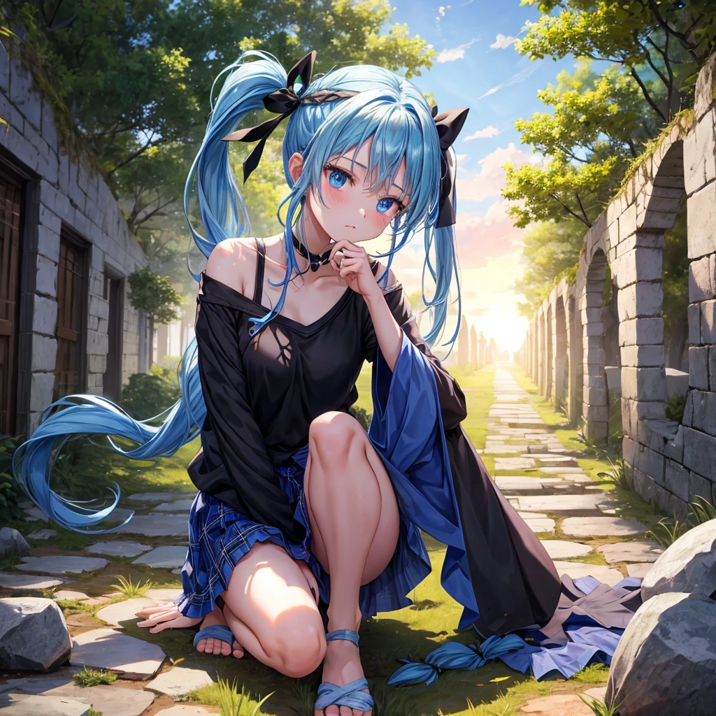 blue hair、blue eyes、Braid、ponytail、one good looking girl、solo、anime、Plaid miniskirt、camisole、black t-shirt、Tilting your face、Doing the ribbon、Ribbon at waist、sunset sky、broken stone steps、ruins、tunnel、Fallen leaves、Light and shadow、Raising legs、column、sparks fall、forest、tall grass grows、cloak、the ground is cracked、Shortness of breath、Meteor、sitting on a stone