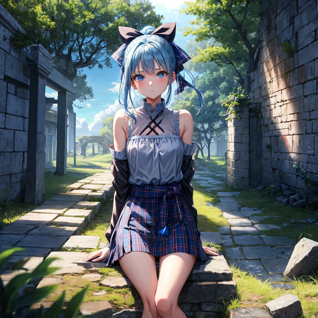 blue hair、blue eyes、Braid、ponytail、one good looking girl、solo、anime、Plaid miniskirt、camisole、black t-shirt、Tilting your face、Doing the ribbon、Ribbon at waist、sunset sky、broken stone steps、ruins、tunnel、Fallen leaves、Light and shadow、Raising legs、column、sparks fall、forest、tall grass grows、cloak、the ground is cracked、Shortness of breath、Meteor、sitting on a stone