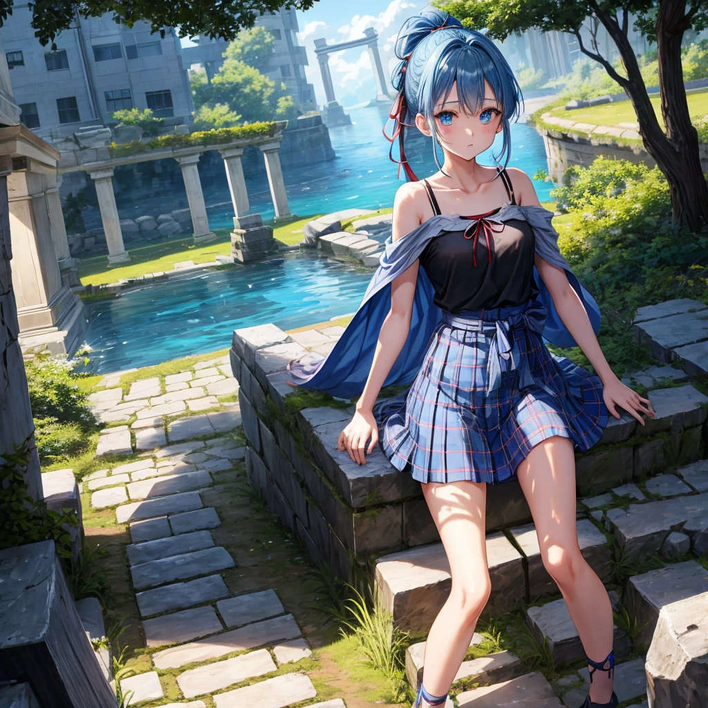 blue hair、blue eyes、Braid、ponytail、one good looking girl、solo、anime、Plaid miniskirt、camisole、black t-shirt、Tilting your face、Doing the ribbon、Ribbon at waist、sunset sky、broken stone steps、ruins、tunnel、Fallen leaves、Light and shadow、Raising legs、column、sparks fall、forest、tall grass grows、cloak、the ground is cracked、Shortness of breath、Meteor、sitting on a stone