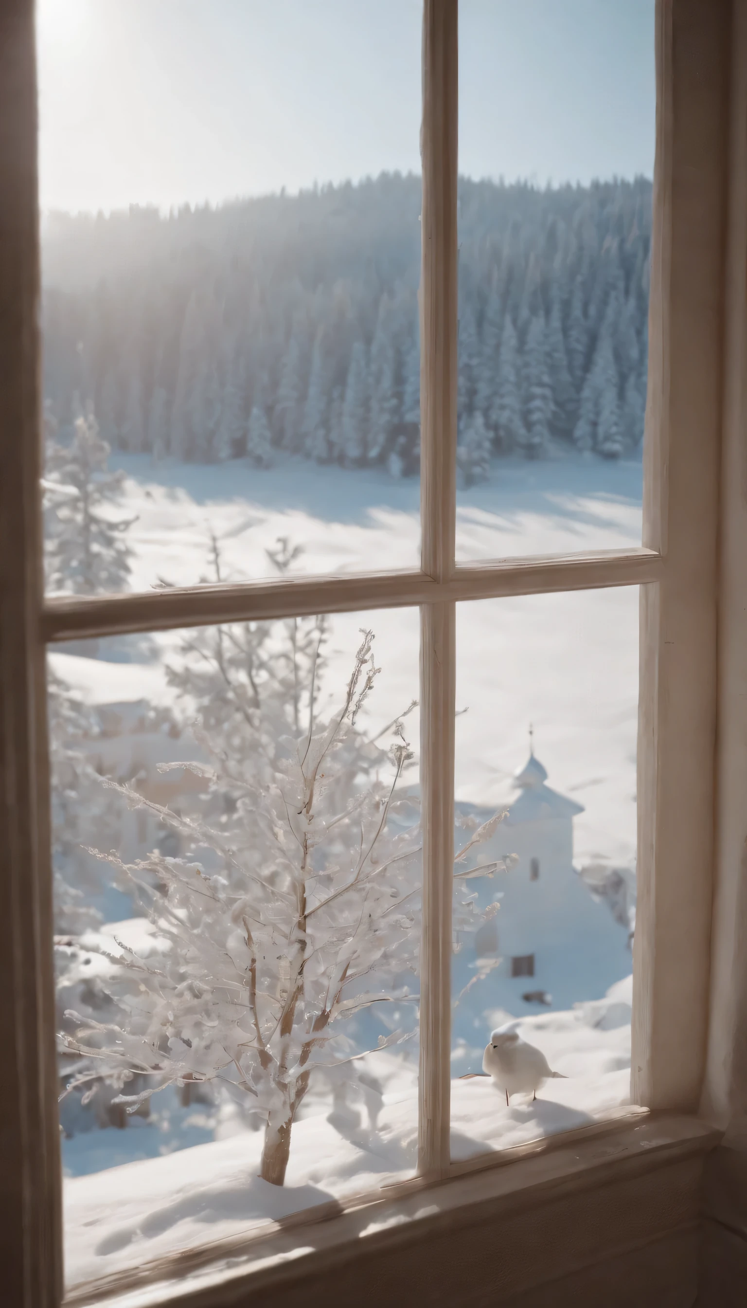 (Highly detailed CG Unity 8K wallpaper、masterpiece、highest quality、Super detailed)、(best lighting、best shadow、very delicate and beautiful)、highest quality、8K、Detailed facial depiction、masterpiece、highest quality、clear image quality、Photo of snowy scenery seen from the window