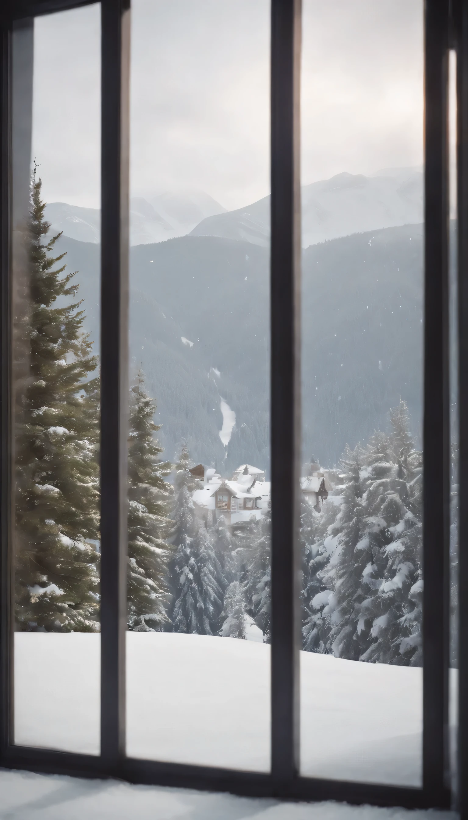 (Highly detailed CG Unity 8K wallpaper、masterpiece、highest quality、Super detailed)、(best lighting、best shadow、very delicate and beautiful)、highest quality、8K、Detailed facial depiction、masterpiece、highest quality、clear image quality、Photo of snowy scenery seen from the window