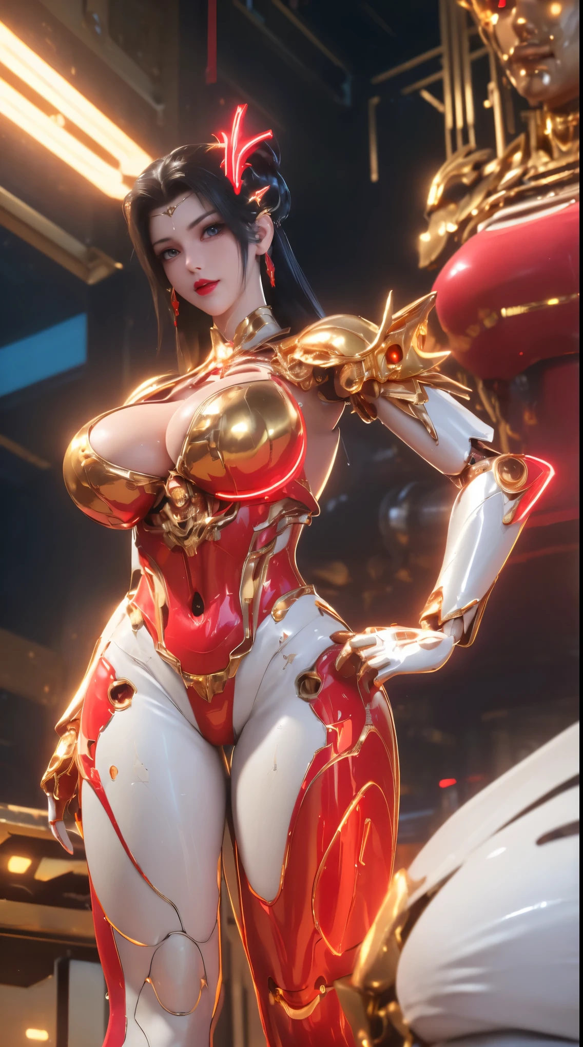 MASTERPIECE, A BUSTY MILF, PORTRAIT,UPPER BODY,SOLO,(MECHA PHOENIX HELM), (MASSIVE FAKE BOOBIES,CLEAVAGE TOP,MUSCLE ABS:1.5), (((NEON LED RED, GOLDEN, WHITE) SHINY ROBOT MECHANICAL MINI LINGERIE OUTFIT:1.5)),(CURVY VOLUPTUOUS BODY MATURE WOMAN:1.5), (SWEATY GLOSSY BODYSKIN:1.5), (LOOKING AT VIEWER:1.5),(BACKGROUND FUTURISTIC SPACE STATION:1), (PHOTOREALSITIC:1.4), (ULTRA-DETAILLIERT), (TOP-QUALITY), (BEST SHADOWS), BRIGHT LIGHT IN ROOM, HYPER TEXTURE, (4X MSAA), ((UNREAL ENGINE 5 RENDER)), PHYSICALLY-BASED RENDERING, ULTRA HIGHT DEFINITION, 16K, 1080P.