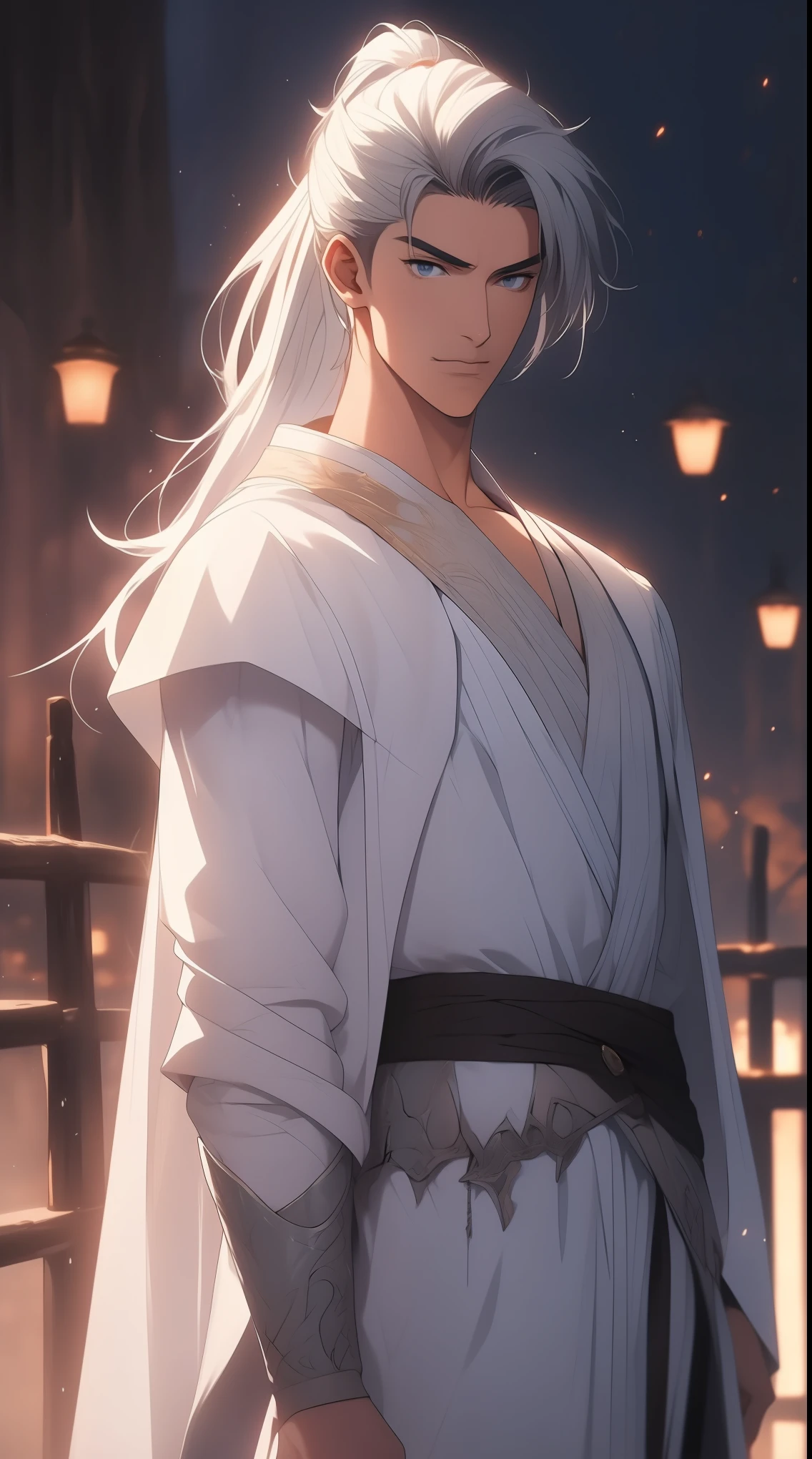Two dimensions，anime style，one person（male warrior），proportions are correct，facial details，swordsman，high ponytail hairstyle，neck detail，Have an Adam&#39;s apple，White robe，joke，white robe，clothing details，transfer，long sleeves，Game quality，fencing，Ray tracing，Ray tracing，Detailed glow，CG rendering，hair details，long white hair，blue eyes，Handsome，Handsome，（Youthful feeling），Clothing is complicated，Perfect composition，refine，high quality，higher details，many details，Complex background，a sense of atmosphere，
