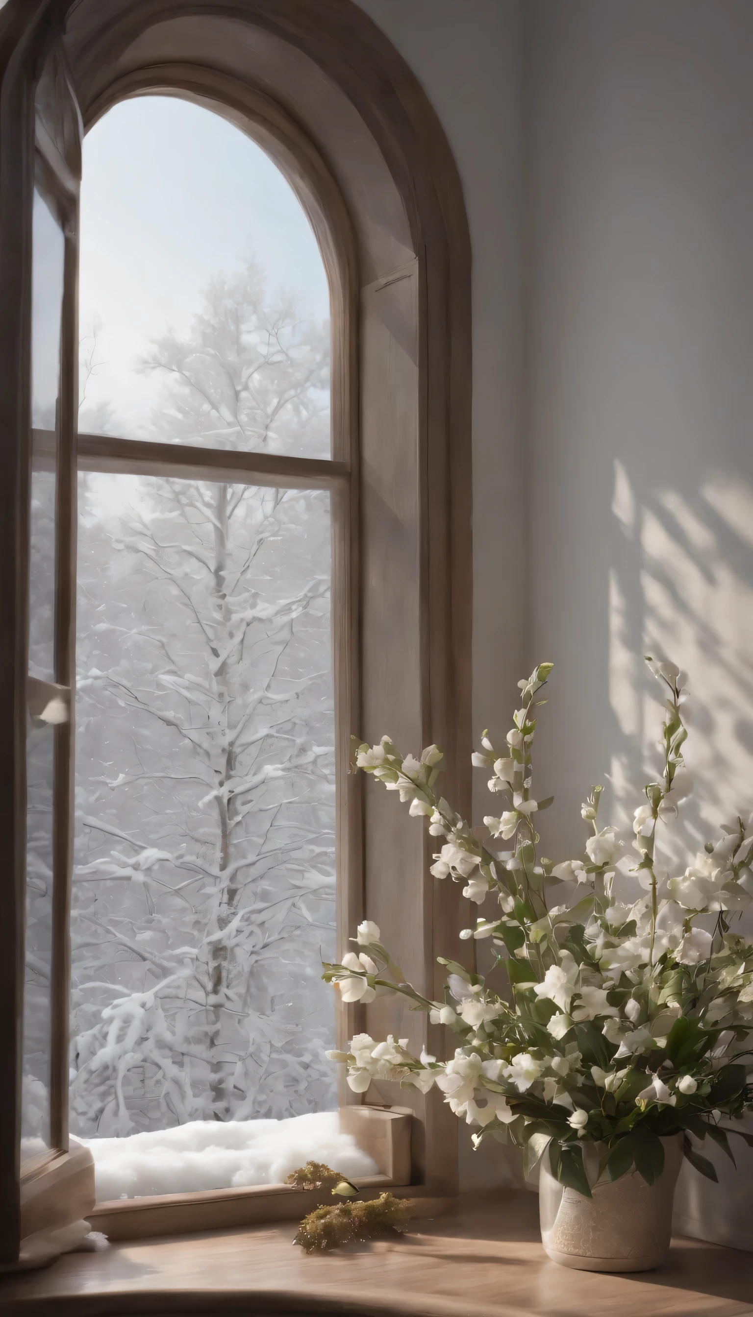 (Highly detailed CG Unity 8K wallpaper、masterpiece、highest quality、Super detailed)、(best lighting、best shadow、very delicate and beautiful)、highest quality、8K、Detailed facial depiction、masterpiece、highest quality、clear image quality、Photo of snowy scenery seen from the window