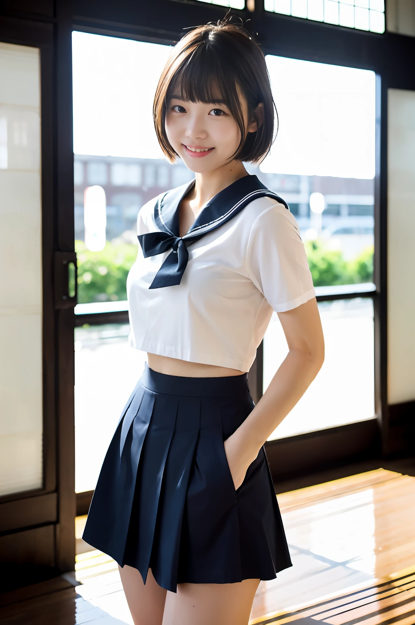 (8k、Raw photography、highest quality、masterpiece:1.2),(Black-haired、Very short hair:1.8),(ponytail:1.3)、View your viewers,Viewed from the front,White skin,(high school girl、The upper body is a light blue uniform:1.7)、(Narrow waist:1.6)、(Clothes that accentuate the shape of the breasts:1.0)、(Big Breasts :1.3)、Slim figure、Ultra-high resolution,beautiful,beautiful fece,(one person、No background:1.9),whole bodyボディー,Japanese women,(reality的:1.37)、Photon Mapping,reality、(Baby-faced and cute: 1.6)、(Cute Smile: 1.8)、(Round face: 1.8)、Radio City、Physically Based Rendering、Depth of field rally background、photograph, (I can see your knees、Cute patterned white panties、Thigh close-up:1.8),(:1.4),whole body、Great quality