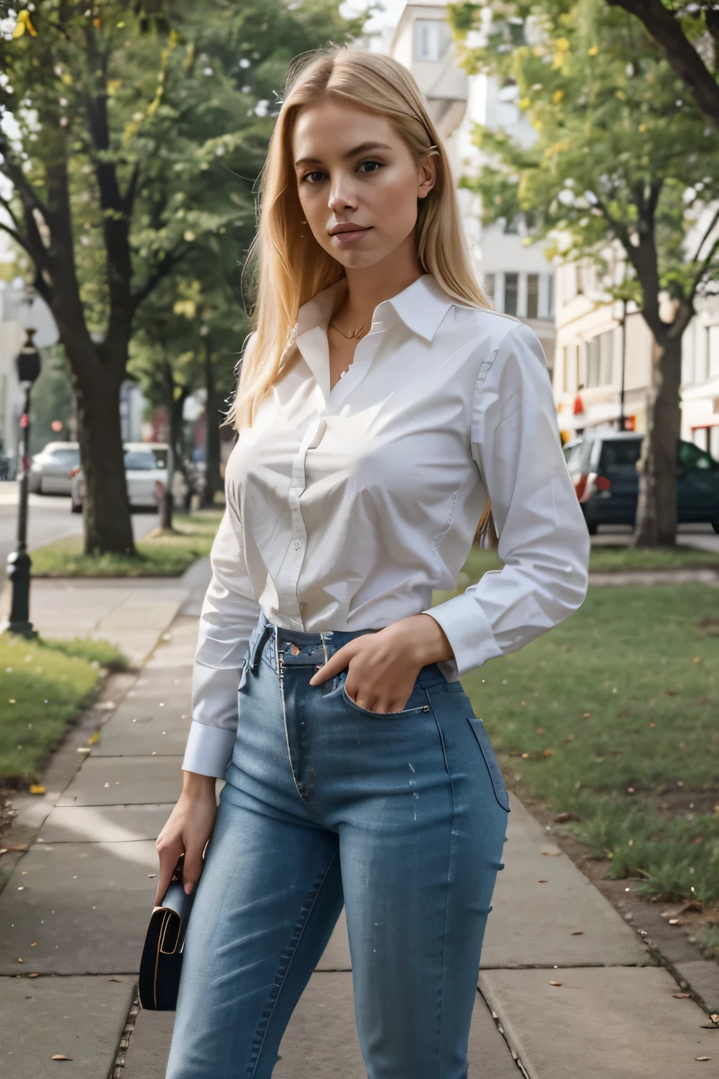 Blonde girl, jeans, white men's shirt, heels, (Dittmann Anna:0.3), high detail, Elegant businesswoman, park, bigger breasts