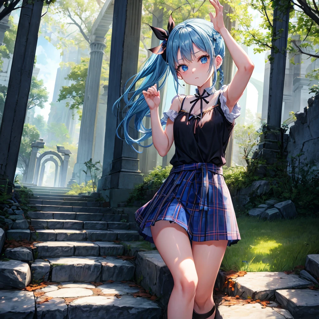 blue hair、blue eyes、Braid、ponytail、one good looking girl、solo、anime、Plaid miniskirt、camisole、black t-shirt、Tilting your face、Doing the ribbon、Ribbon at waist、sunset sky、broken stone steps、ruins、tunnel、Fallen leaves、Light and shadow、Raising legs、column、sparks fall、forest、tall grass grows、cloak、the ground is cracked、Shortness of breath、Meteor、sitting on a stone