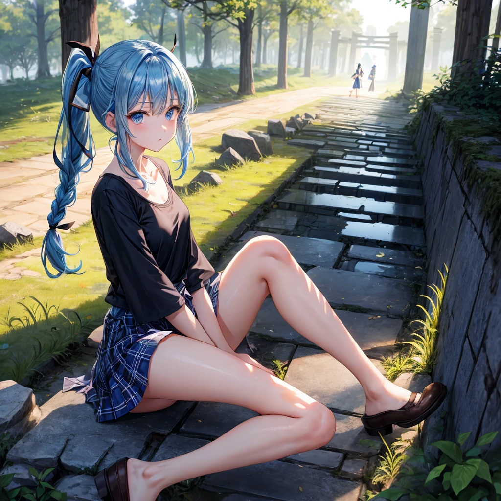blue hair、blue eyes、Braid、ponytail、one good looking girl、solo、anime、Plaid miniskirt、camisole、black t-shirt、Tilting your face、Doing the ribbon、Ribbon at waist、sunset sky、broken stone steps、ruins、tunnel、Fallen leaves、Light and shadow、Raising legs、column、sparks fall、forest、tall grass grows、cloak、the ground is cracked、Shortness of breath、Meteor、sitting on a stone