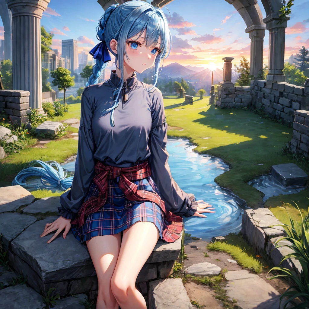 blue hair、blue eyes、Braid、ponytail、one good looking girl、solo、anime、Plaid miniskirt、camisole、black t-shirt、Tilting your face、Doing the ribbon、Ribbon at waist、sunset sky、broken stone steps、ruins、tunnel、Fallen leaves、Light and shadow、Raising legs、column、sparks fall、forest、tall grass grows、cloak、the ground is cracked、Shortness of breath、Meteor、sitting on a stone