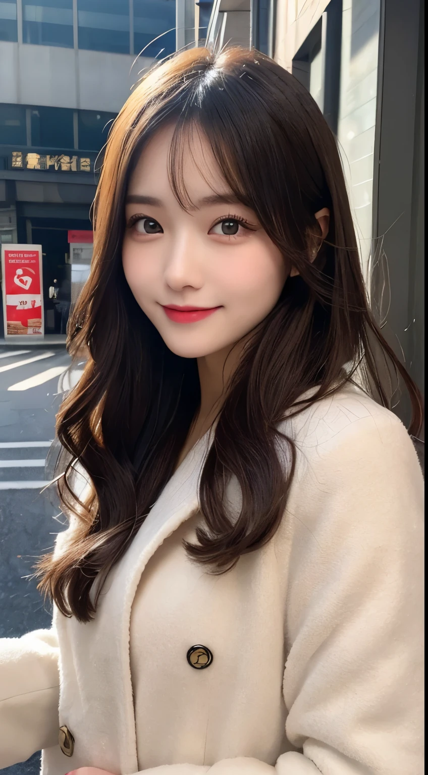 table top, highest quality, shape, Super detailed, finely, High resolution, 8k wallpaper, 完璧なダイナミックな構shape, beautiful and detailed eyes, Gorgeous and stylish black fluffy latest trend Tokyo winter clothes,ランダムなcute髪,small breasts,natural color lip, bold sexy pose,smile、20 year old girl、cute、sexy shot looking at camera,Always blur the background,perfect and beautiful face,Take only the face,beautiful and detailed face、slim face and style,Big eyes、Do gal makeup,real photos、luxury brand mink coat