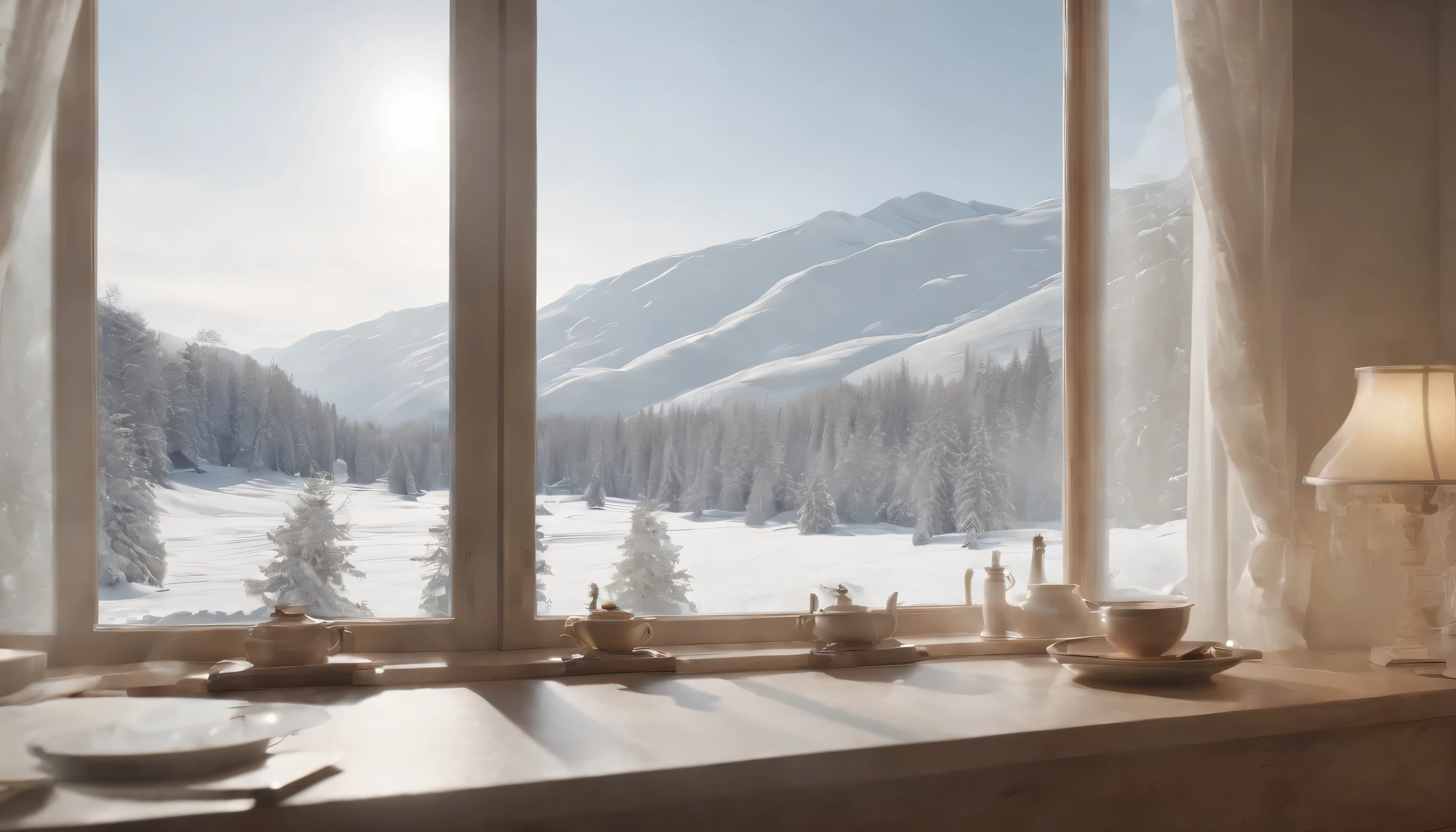 (Highly detailed CG Unity 8K wallpaper、masterpiece、highest quality、Super detailed)、(best lighting、best shadow、very delicate and beautiful)、highest quality、8K、Detailed facial depiction、masterpiece、highest quality、clear image quality、Photo of snowy scenery seen from the window