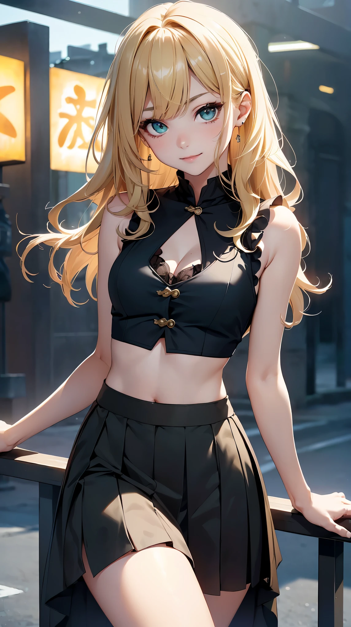 (8K, RAW photo, 最high quality, masterpiece:1.2), High-definition RAW color photo, Professional photo shoot, cinematic light, alone, (((young woman, gal))), (Sharp features), (small face), (high detail skin:1.2), clavicle, cute face, beautiful appearance, long eyelashes, (rainbow hair, greenいeye), beautiful breasts, (slim body shape:1.4), very detailed顔と肌の質感, 詳細なeye, double eyelid, 横eyeで見る, Place your hands behind your body, ((blonde, long bangs on one side, asymmetrical bangs, 片eyeが隠れる, wavy hair)), slender body, ((open your mouth and smile:1.2, 上eye遣い)), big breasts, normal hip joint, green_eye, cowboy shot, composition from above, (((black sleeveless:1.5, Brown see-through long skirt:1.2, white gilet:1.5, Seductive thighs))), downtown at night, 見つめるeye, beautiful skin, shiny skin, perfect fingers, five fingers, anatomically correct, background bokeh, high quality, surreal, bright colors, ((very detailed, photo shoot)),