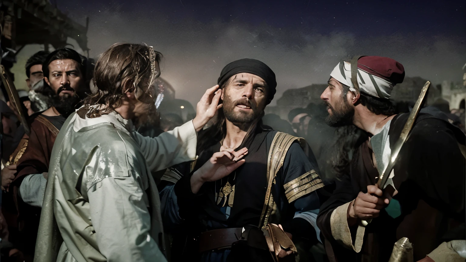 Jesus restores Malchus's ear, tense atmosphere, Roman soldiers and disciples complete the scene, it was nighttime, foggy scenery, 32k, high quality image, perfect image, flawless image, cinematic, realism
