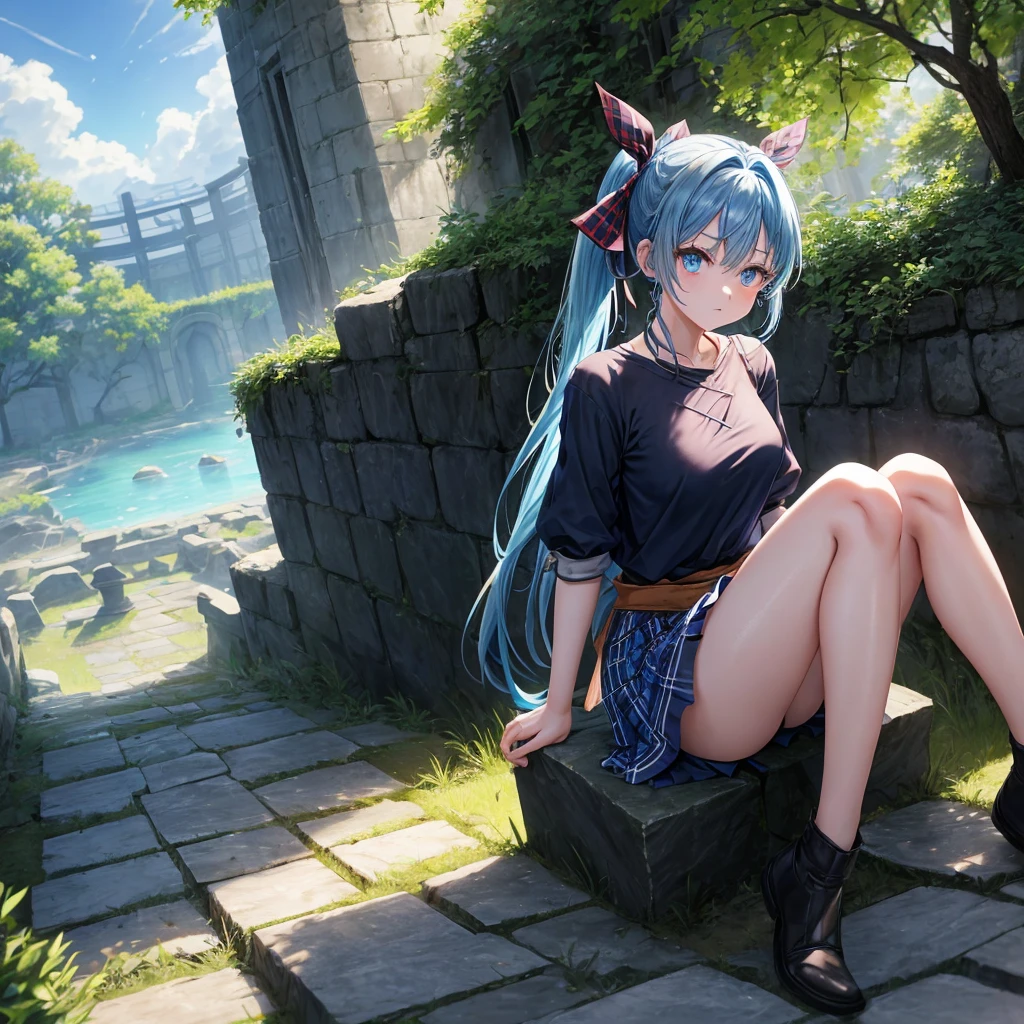 blue hair、blue eyes、Braid、ponytail、one good looking girl、solo、anime、Plaid miniskirt、camisole、black t-shirt、Tilting your face、Doing the ribbon、Ribbon at waist、sunset sky、broken stone steps、ruins、tunnel、Fallen leaves、Light and shadow、Raising legs、column、sparks fall、forest、tall grass grows、cloak、the ground is cracked、Shortness of breath、Meteor、sitting on a stone