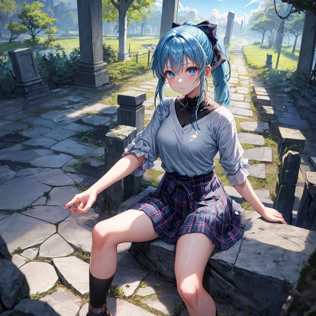 blue hair、blue eyes、Braid、ponytail、one good looking girl、solo、anime、Plaid miniskirt、camisole、black t-shirt、Tilting your face、Doing the ribbon、Ribbon at waist、sunset sky、broken stone steps、ruins、tunnel、Fallen leaves、Light and shadow、Raising legs、column、sparks fall、forest、tall grass grows、cloak、the ground is cracked、Shortness of breath、Meteor、sitting on a stone