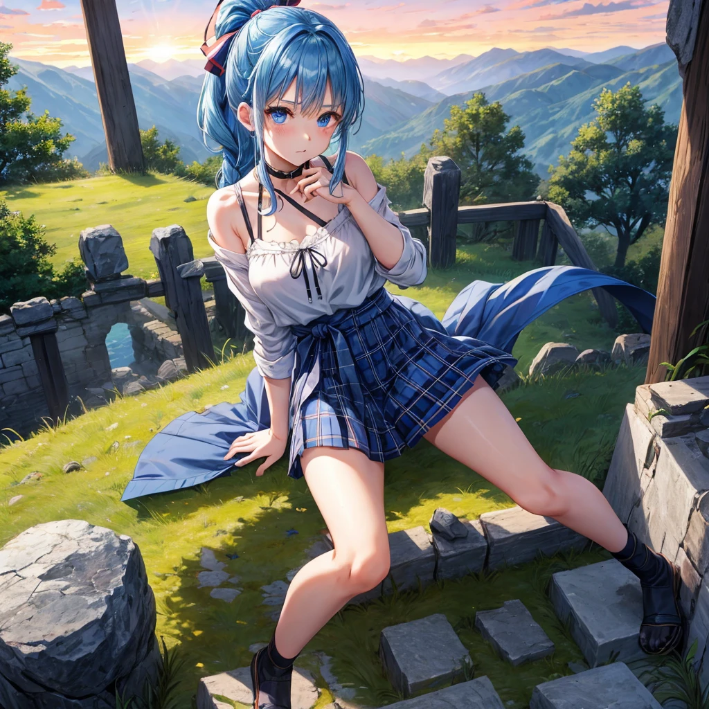 blue hair、blue eyes、Braid、ponytail、one good looking girl、solo、anime、Plaid miniskirt、camisole、black t-shirt、Tilting your face、Doing the ribbon、Ribbon at waist、sunset sky、broken stone steps、ruins、tunnel、Fallen leaves、Light and shadow、Raising legs、column、sparks fall、forest、tall grass grows、cloak、the ground is cracked、Shortness of breath、Meteor、sitting on a stone