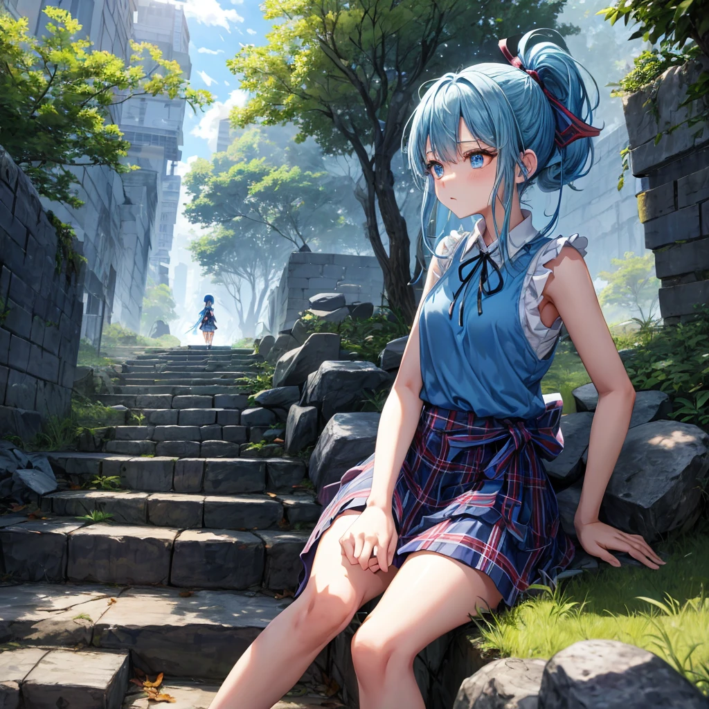 blue hair、blue eyes、Braid、ponytail、one good looking girl、solo、anime、Plaid miniskirt、camisole、black t-shirt、Tilting your face、Doing the ribbon、Ribbon at waist、sunset sky、broken stone steps、ruins、tunnel、Fallen leaves、Light and shadow、Raising legs、column、sparks fall、forest、tall grass grows、cloak、the ground is cracked、Shortness of breath、Meteor、sitting on a stone