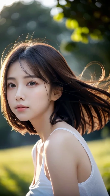 highest quality,masterpiece,ultra high resolution,(reality:1.4),Original photo,cinematic lighting,short hair、Inner Scroll、Ahoge、hair blowing in the wind、1 girl,Tyndall effect,light and Shadow,Shadow,whole body、Sweat scattering