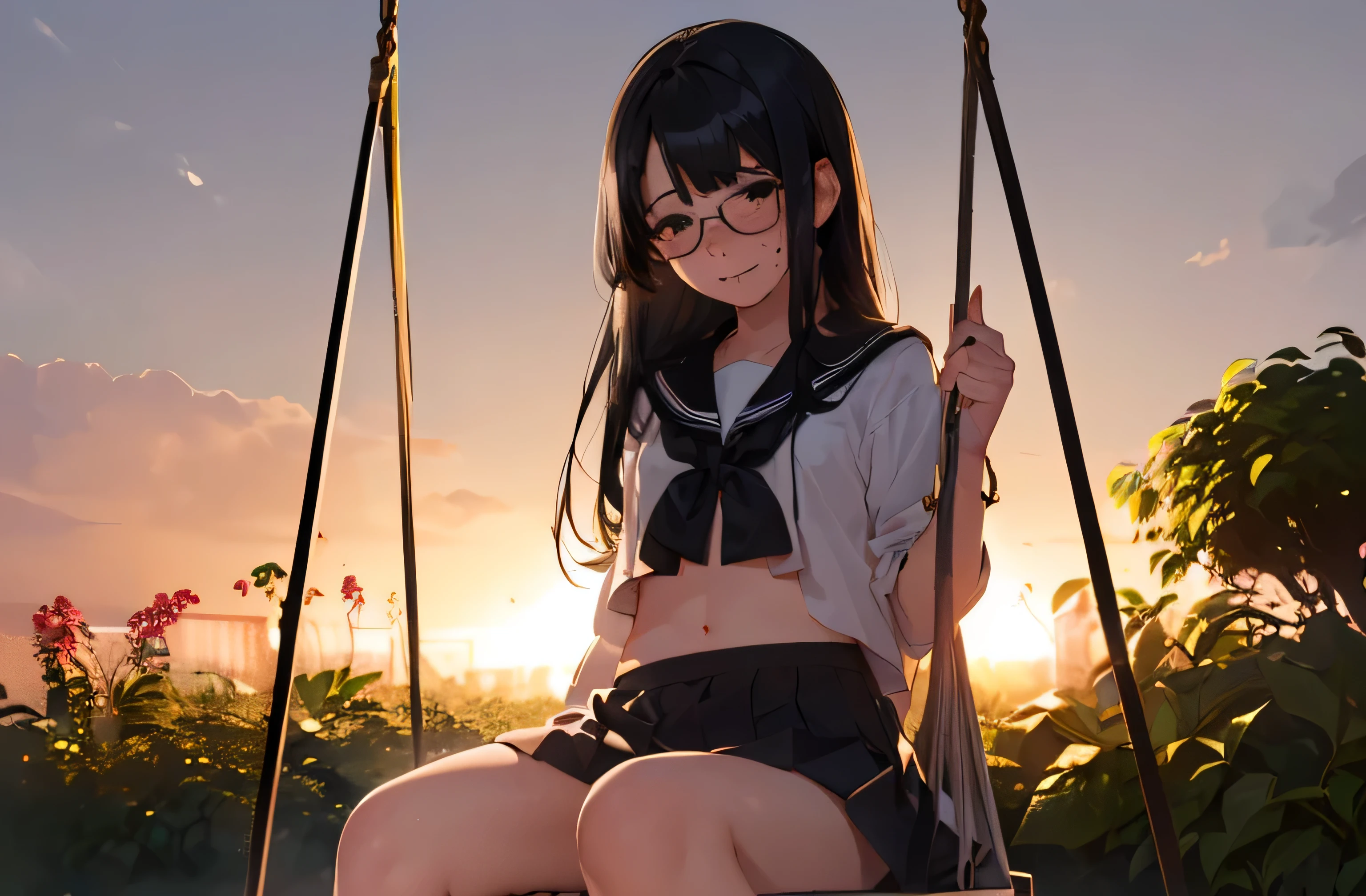 ((((((1 girl))))))(((evening garden swings sit)))、high school girl、sailor suit((((golden hour Backlight)))、flat chest、small ass、sober、low length、(((long bangs hide the eyes:1.2)))、((freckles))、((long black hair:1.4))) (((hair band)))(((black rim glasses:1.2 black eye)))、、look at me、From the right side