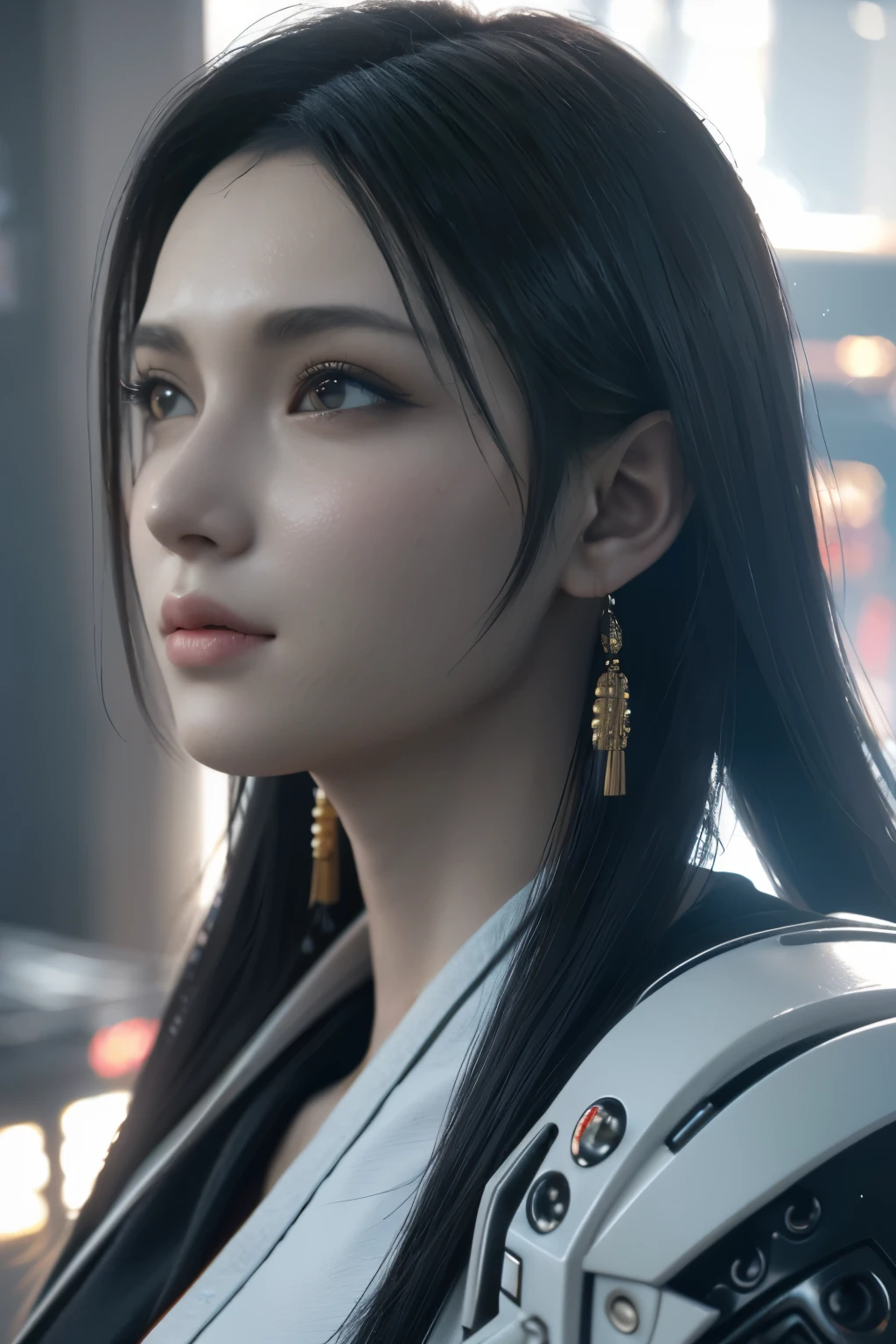 Game art，The best picture quality，Highest resolution，8K，(A bust photograph)，(Portrait)，(Head close-up:1.5)，(Rule of thirds)，Unreal Engine 5 rendering works， (The Girl of the Future)，(Female Warrior)， 22岁少女，(Female hackers)，(White，Ancient Oriental hairstyle)，((The pupils of the red eyes:1.3))，(A beautiful eye full of detail)，(Big breasts)，(Eye shadow)，优雅迷人，冷漠，((Anger))，(Cyberpunk jacket full of futuristic look，Joint Armor，There are exquisite Chinese patterns on the clothes，A flash of jewellery)，赛博朋克人物，未来风格， 拍照姿势，城市背景，Movie lights，Ray tracing，Game CG，((3D Unreal Engine))，oc渲染反射纹