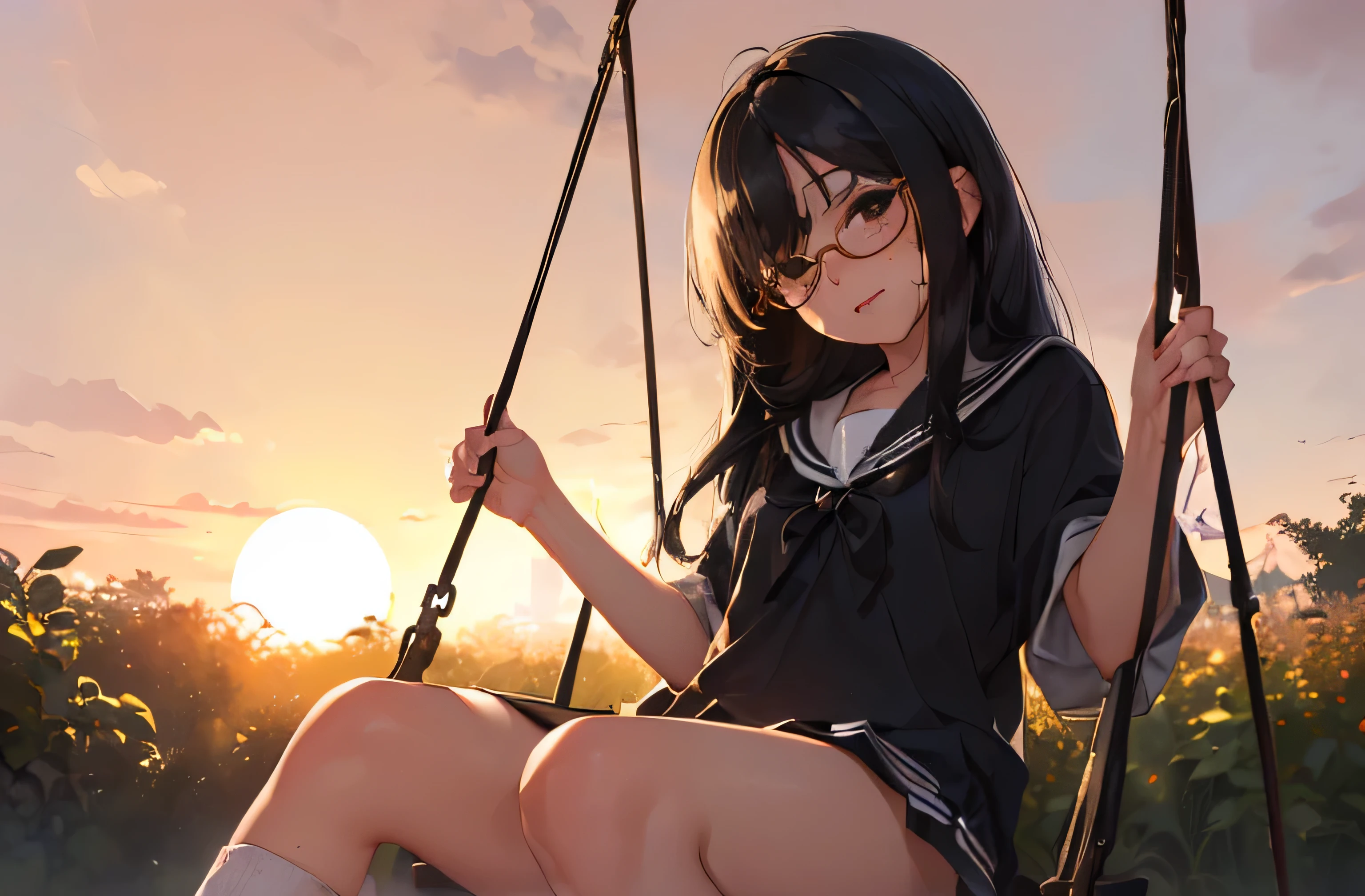 ((((((1 girl))))))(((evening　garden　swings　sit)))、high school girl、sailor suit((((golden hour　Backlight)))、flat chest、small ass、sober、low length、(((long bangs hide the eyes:1.2)))、((freckles))、((long black hair:1.4)))　(((hair band)))(((black rim glasses:1.2　black eye)))、、look at me、From the right side