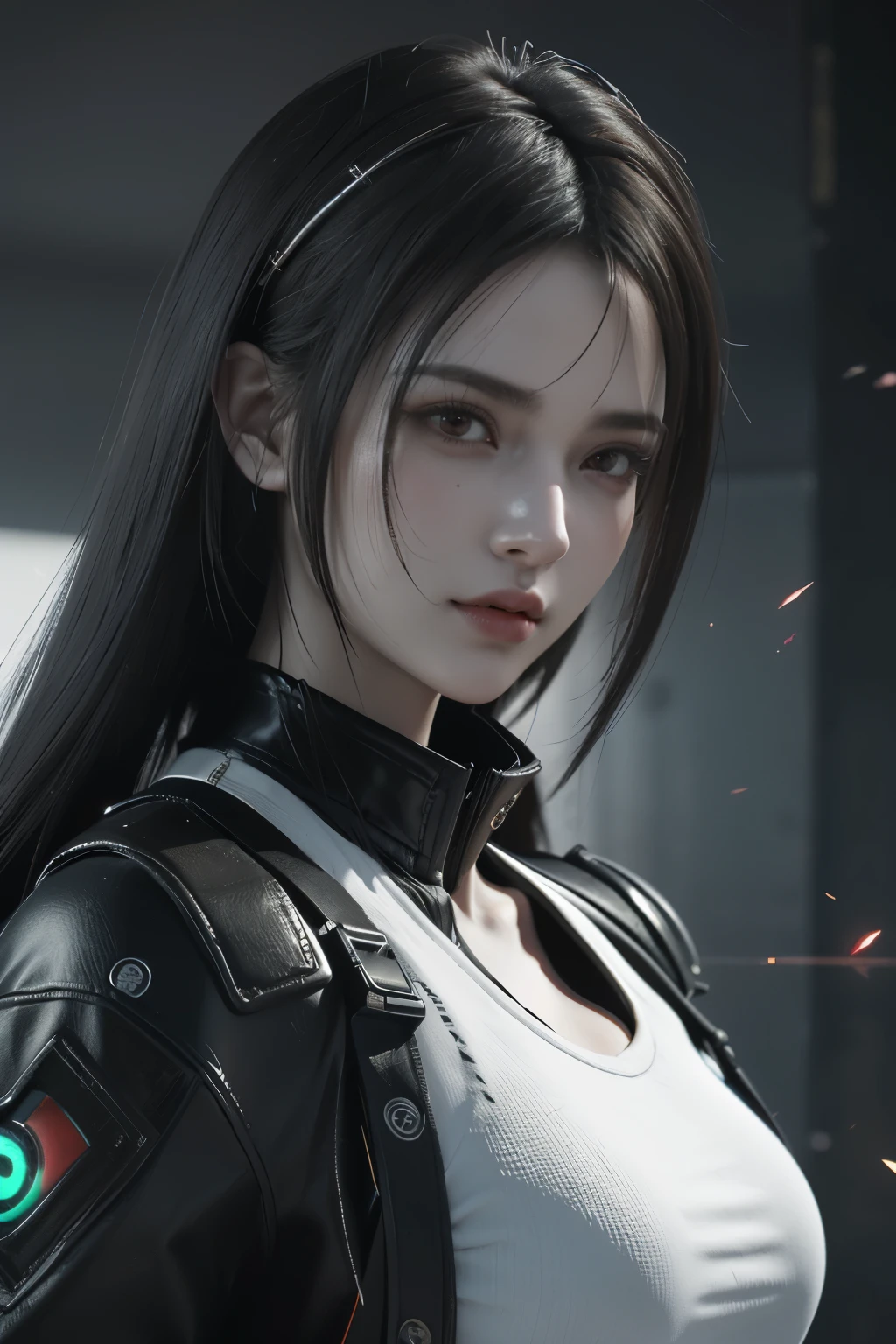 Game art，The best picture quality，Highest resolution，8K，(A bust photograph)，(Portrait)，(Head close-up:1.5)，(Rule of thirds)，Unreal Engine 5 rendering works， (The Girl of the Future)，(Female Warrior)， 22岁少女，(Female hackers)，(White，Ancient Oriental hairstyle)，((The pupils of the red eyes:1.3))，(A beautiful eye full of detail)，(Big breasts)，(Eye shadow)，优雅迷人，冷漠，((Anger))，(Cyberpunk jacket full of futuristic look，Joint Armor，There are exquisite Chinese patterns on the clothes，A flash of jewellery)，赛博朋克人物，未来风格， 拍照姿势，城市背景，Movie lights，Ray tracing，Game CG，((3D Unreal Engine))，oc渲染反射纹