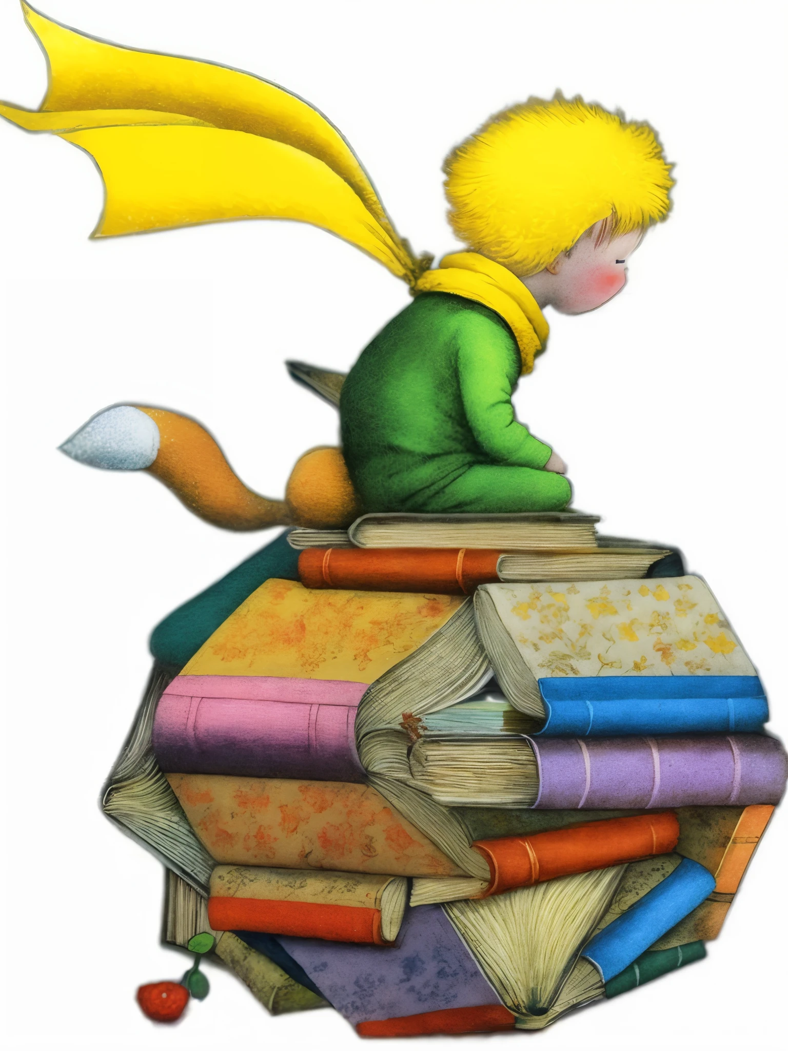 a cartoon boy sitting on a pile of books with a yellow cape, the little prince, childrens book art, children's book art, storybook art, the art of books, loot of books, by Li Mei-shu, inspired by Robert Alwyn Hughes, by Nil Gleyen, drawn image, inspired by Raymond Briggs, by François Bocion