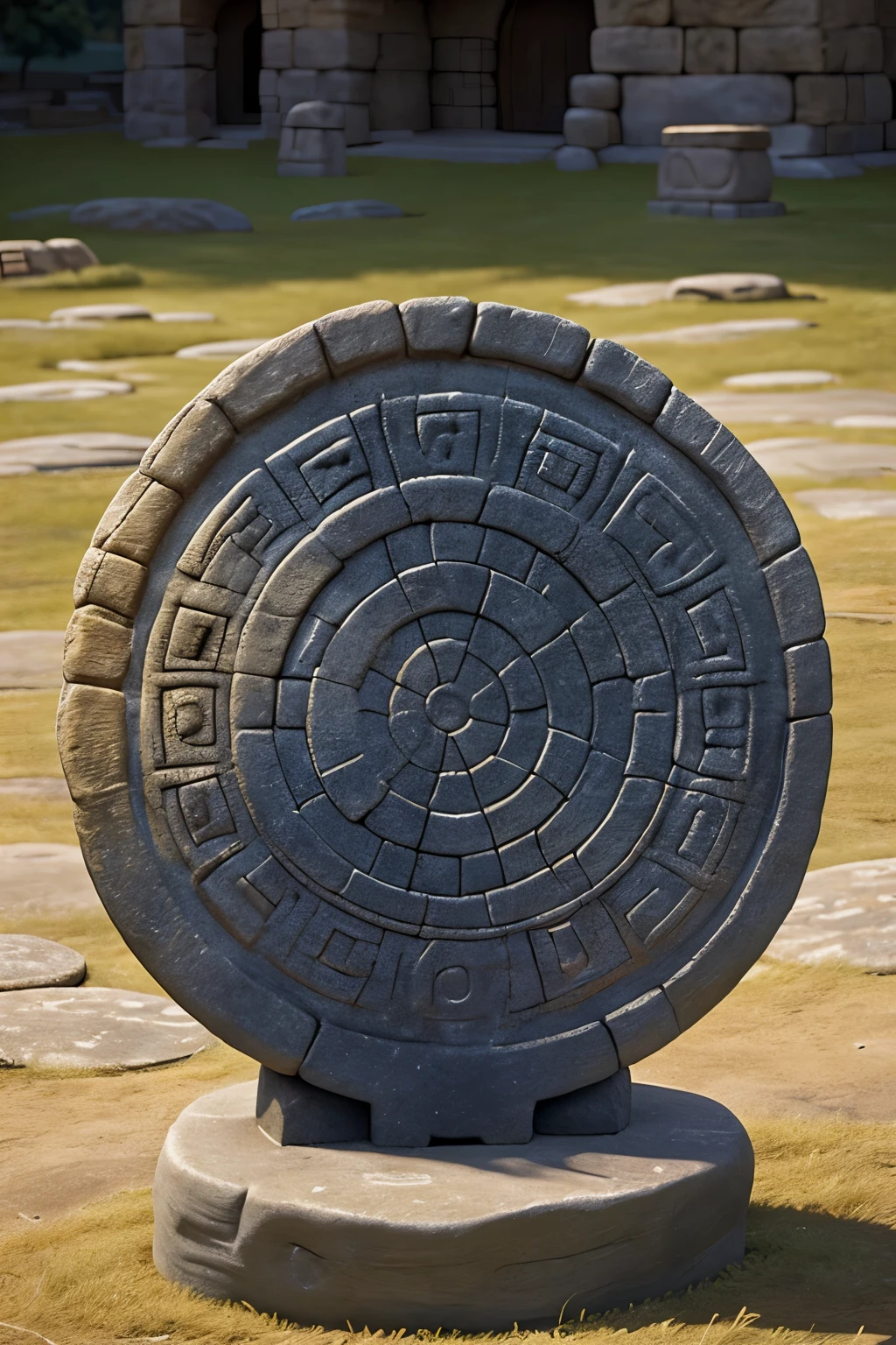 a stone wheel, the stone is round, runestone, flat shaped stone relief, by Maurycy Gottlieb, carved stone, an album cover, on textured disc base, ancient art, archeological find, worked stone, of a old 13th century, the photo shows a large, ancient”, intricate ground stone, with a big hole in middle