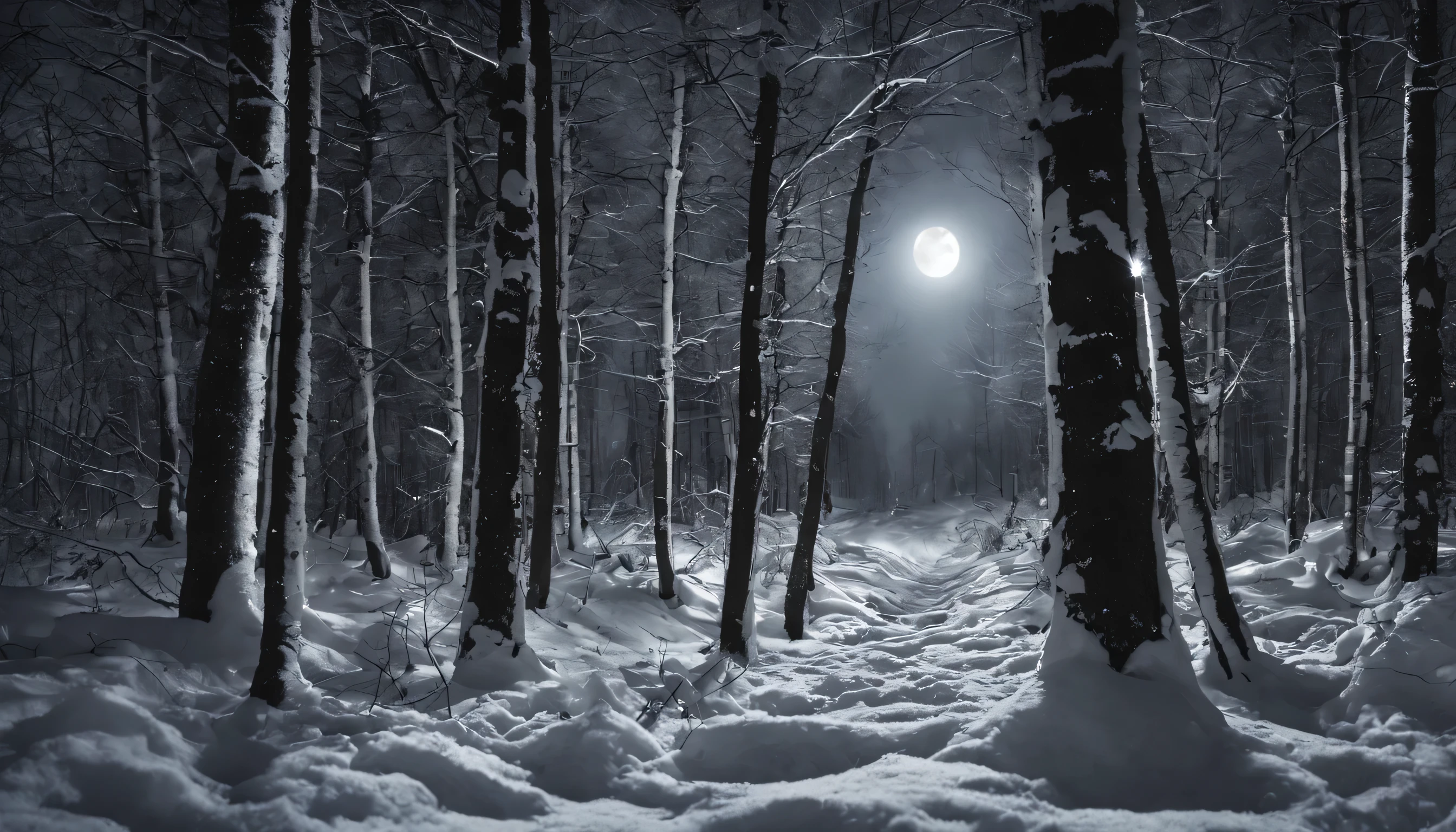 (highest quality,4K,High resolution),Dark forest landscape at night with full moon,winter,powder snow,powder snow,20mm cinema lens,gray,grayと 白と黒の配色,wood