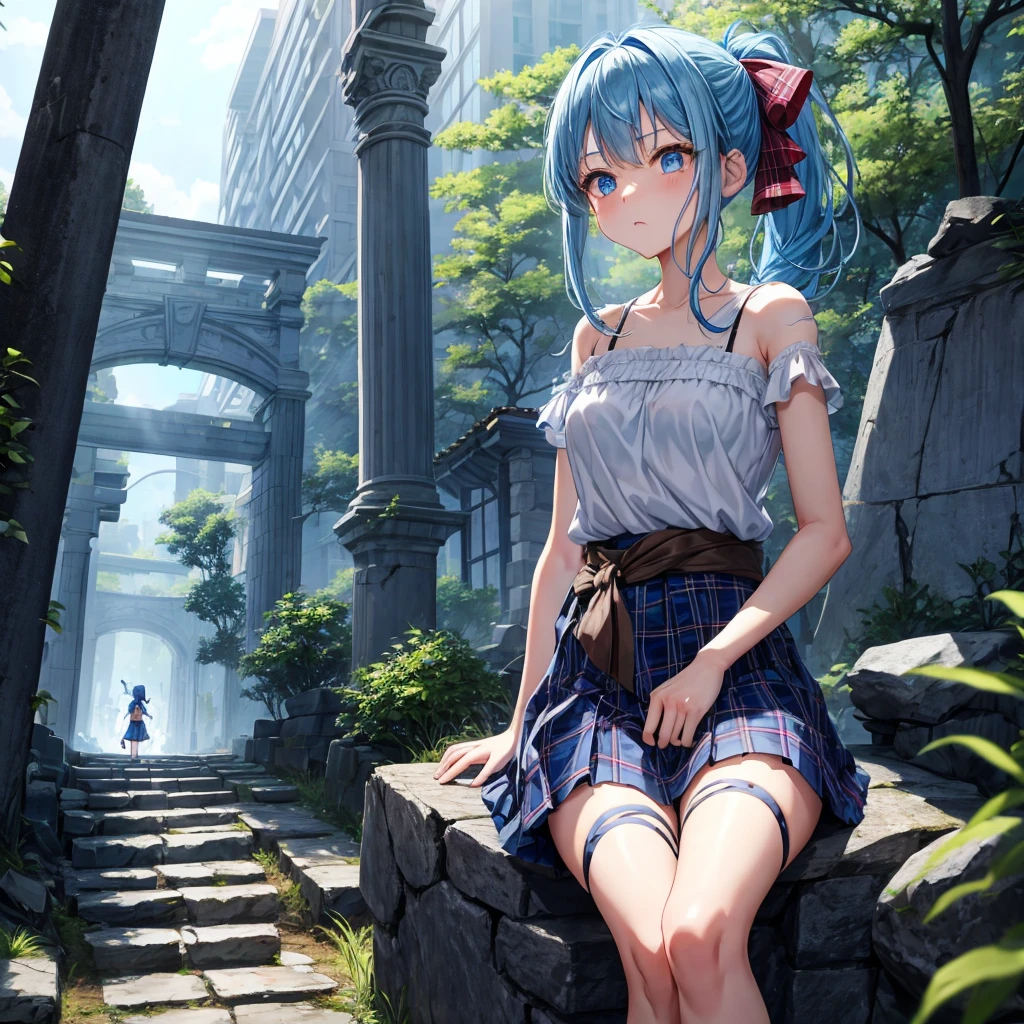blue hair、blue eyes、Braid、ponytail、one good looking girl、solo、anime、Plaid miniskirt、camisole、black t-shirt、Tilting your face、Doing the ribbon、Ribbon at waist、sunset sky、broken stone steps、ruins、tunnel、Fallen leaves、Light and shadow、Raising legs、column、sparks fall、forest、tall grass grows、cloak、the ground is cracked、Shortness of breath、Meteor、sitting on a stone