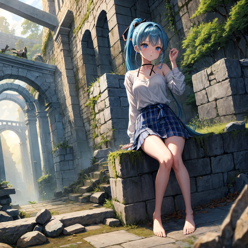 blue hair、blue eyes、Braid、ponytail、one good looking girl、solo、anime、Plaid miniskirt、camisole、black t-shirt、Tilting your face、Doing the ribbon、Ribbon at waist、sunset sky、broken stone steps、ruins、tunnel、Fallen leaves、Light and shadow、Raising legs、column、sparks fall、forest、tall grass grows、cloak、the ground is cracked、Shortness of breath、Meteor、sitting on a stone