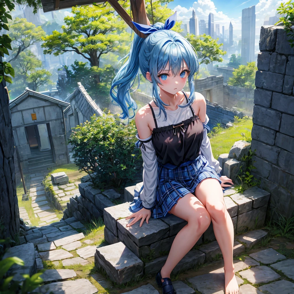 blue hair、blue eyes、Braid、ponytail、one good looking girl、solo、anime、Plaid miniskirt、camisole、black t-shirt、Tilting your face、Doing the ribbon、Ribbon at waist、sunset sky、broken stone steps、ruins、tunnel、Fallen leaves、Light and shadow、Raising legs、column、sparks fall、forest、tall grass grows、cloak、the ground is cracked、Shortness of breath、Meteor、sitting on a stone