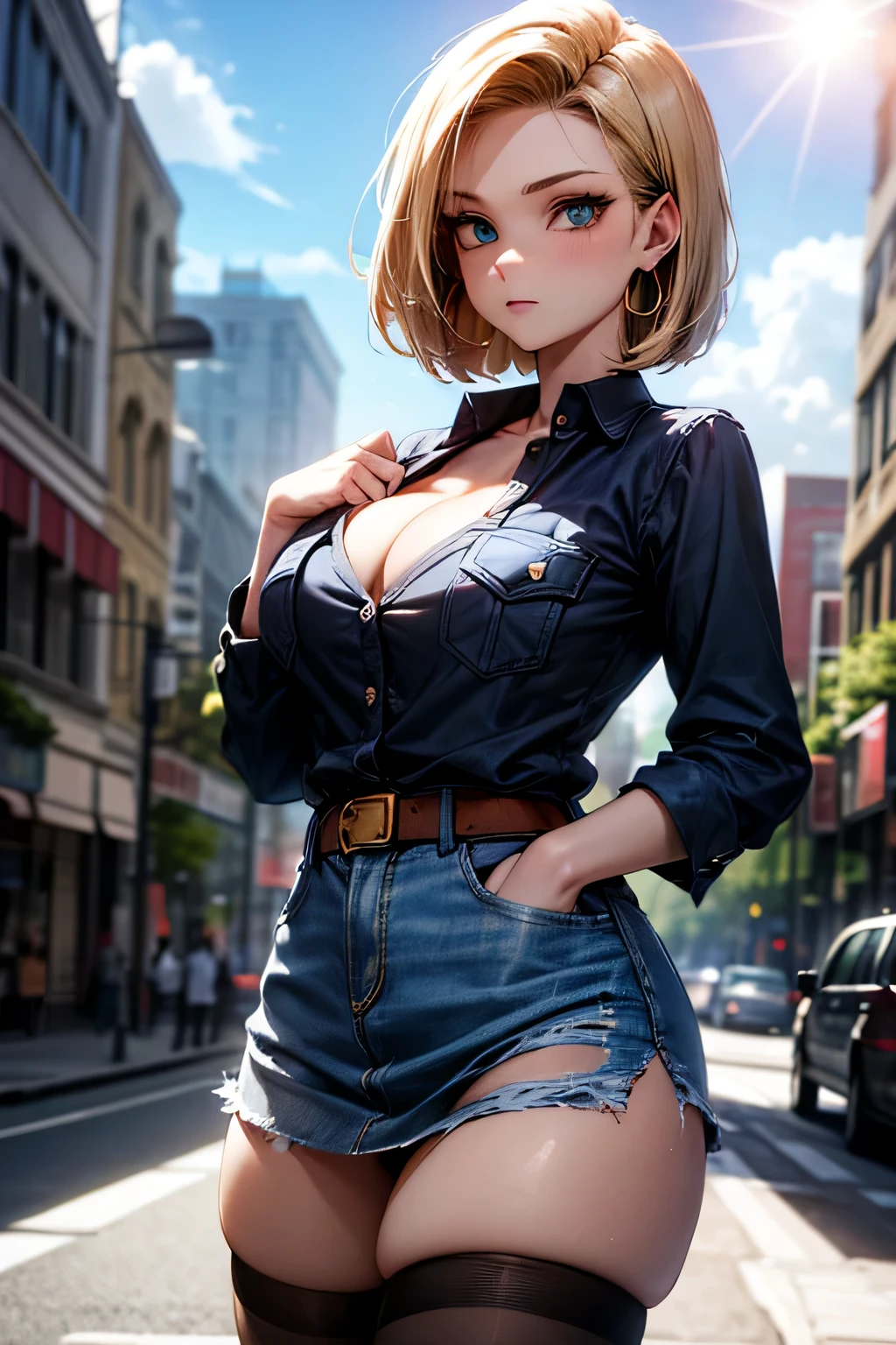 android 18, android 18, blonde hair, blue eyes, eyelash, hoop earrings, short hair, earrings, break belt, black legwear, black shirt, breast pocket, cleavage, clavicle, denim, denim skirt, high-waist skirt, jewelry, long sleeve, pocket, shirt, shirt tucked in, skirt, striped, striped sleeves, waistcoat,, break outdoors, city, null, cloud, sun, break looking at viewer, (cowboy shot:1.5), break (masterpiece:1.2), highest quality, High resolution, unity 8k wallpaper, (shape:0.8), (beautiful and detailed eyes:1.6), highly detailed face, perfect lighting, Very detailed CG, (perfect hands, perfect anatomy)